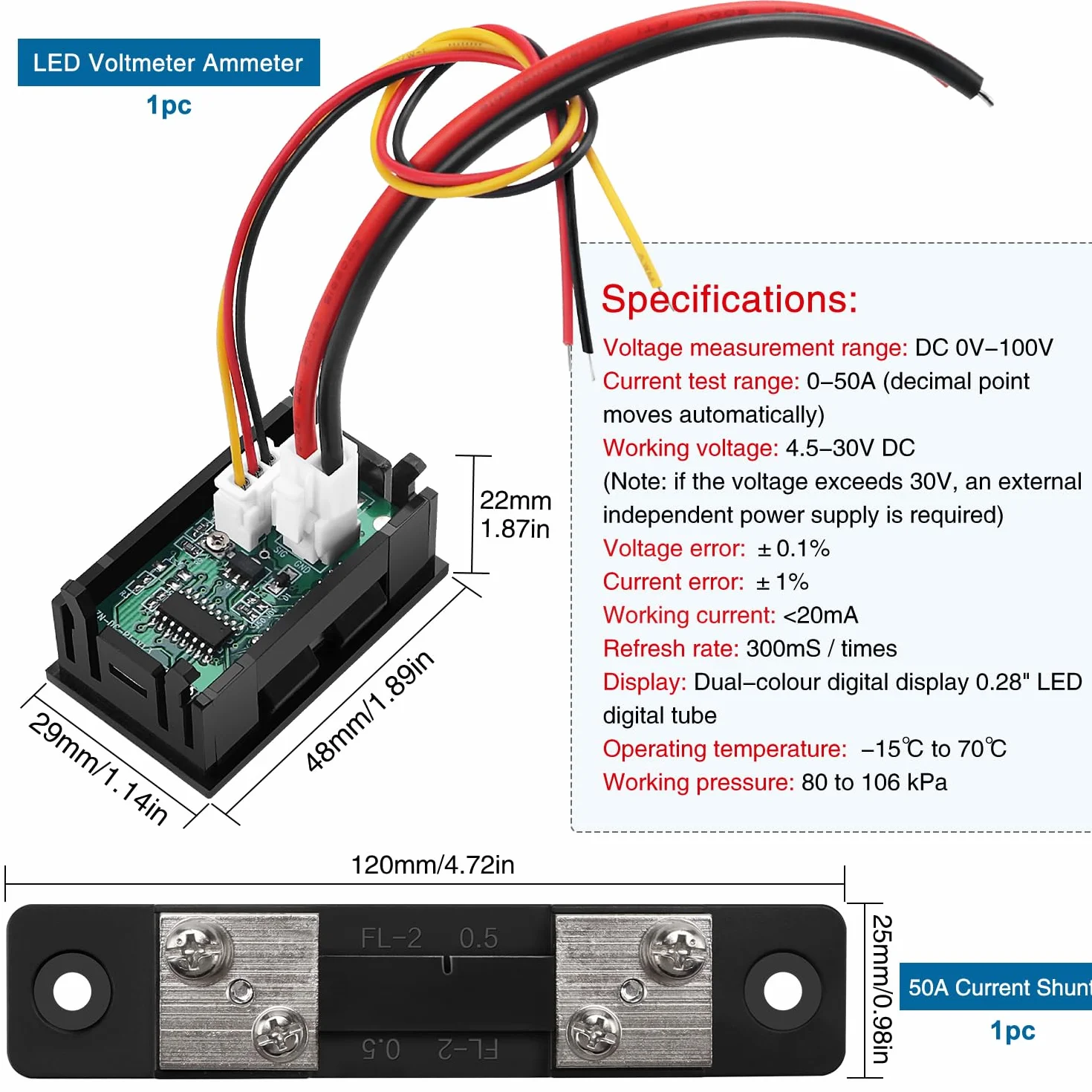 VooGenzek 0.28" Amperomierz LED, Detektor Czerwony i Niebieski Miernik Napięcia Prądu Panel Amp Volt Gauge, DC 0-100V 50A, z Bocznikiem Prądowym 50A, dla Multimetru Miernik Prądu miernika
