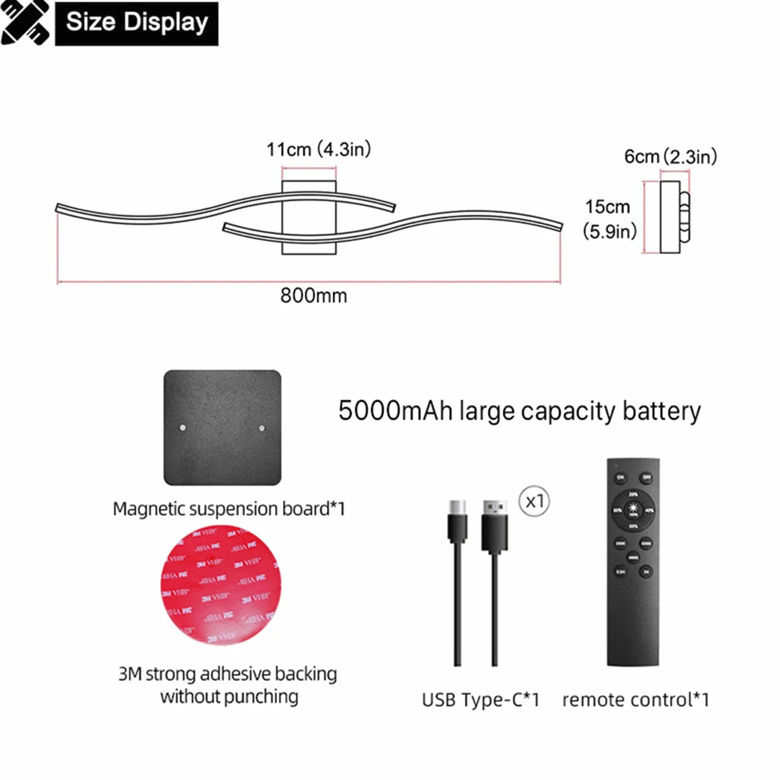 Lampa ścienna zasilana bateriami, ładowana przez USB, z pilotem, ściemniana, dotykowa, czarny