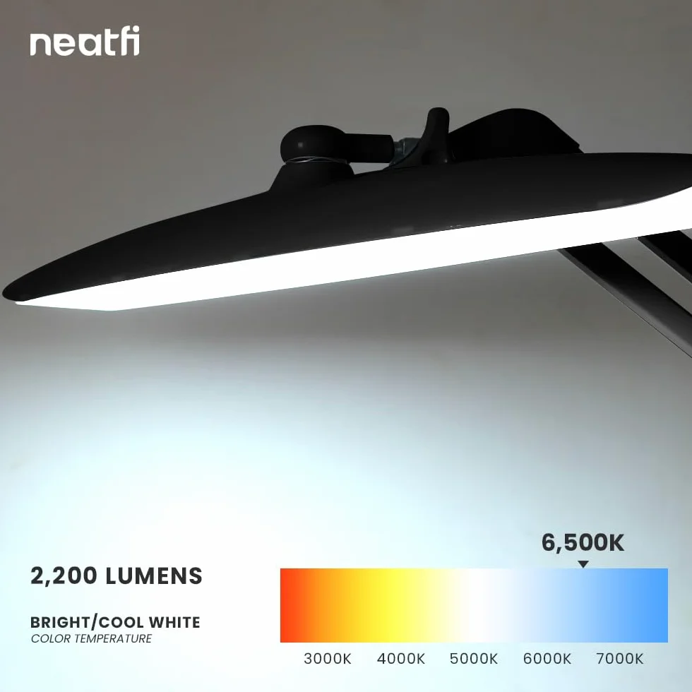 Neatfi XL LED Lampa biurkowa 2200 lumenów 24W szeroka głowica 50cm 4 poziomy regulacji jasności Bez-CCT z Zaciskiem Czarny