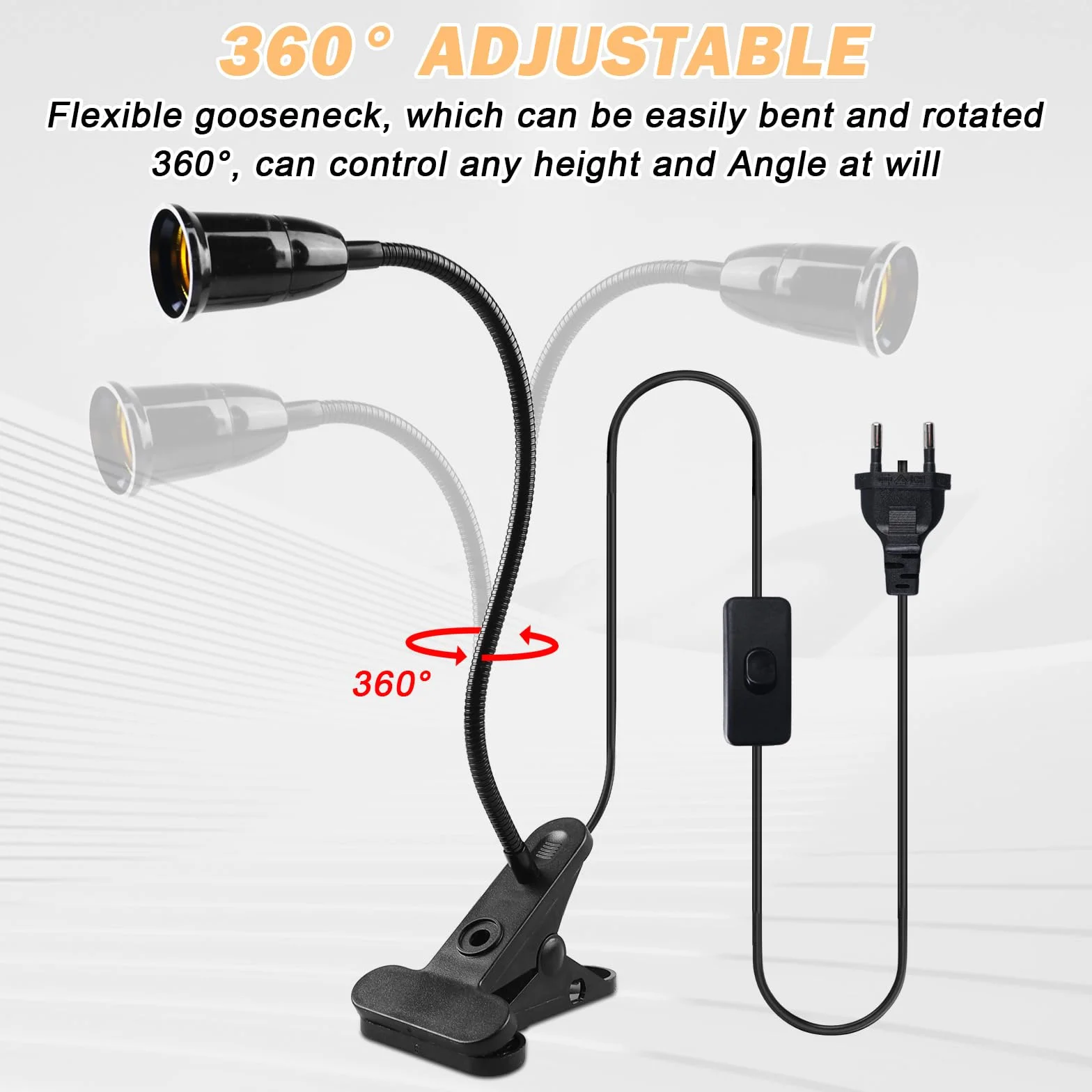 Sporgo 2 sztuki oprawki lampy E27 z klipsem regulowana 360° elastyczna łabędzia szyja metalowa lampa zaciskowa z przełącznikiem i wtyczką 30 cm czarna