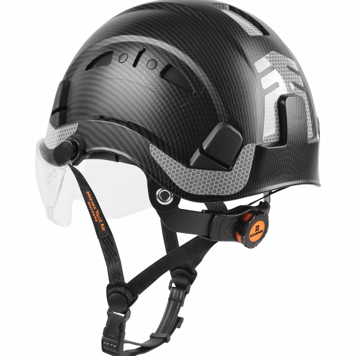 HEARMOR Kask budowlany z wizjerem, kask budowlany dla dorosłych ABS, kask roboczy dla mężczyzn, EN397 i EN12492, amortyzacja uderzeń, odporność na penetrację, wizjer, przezroczysty lub przydymiony