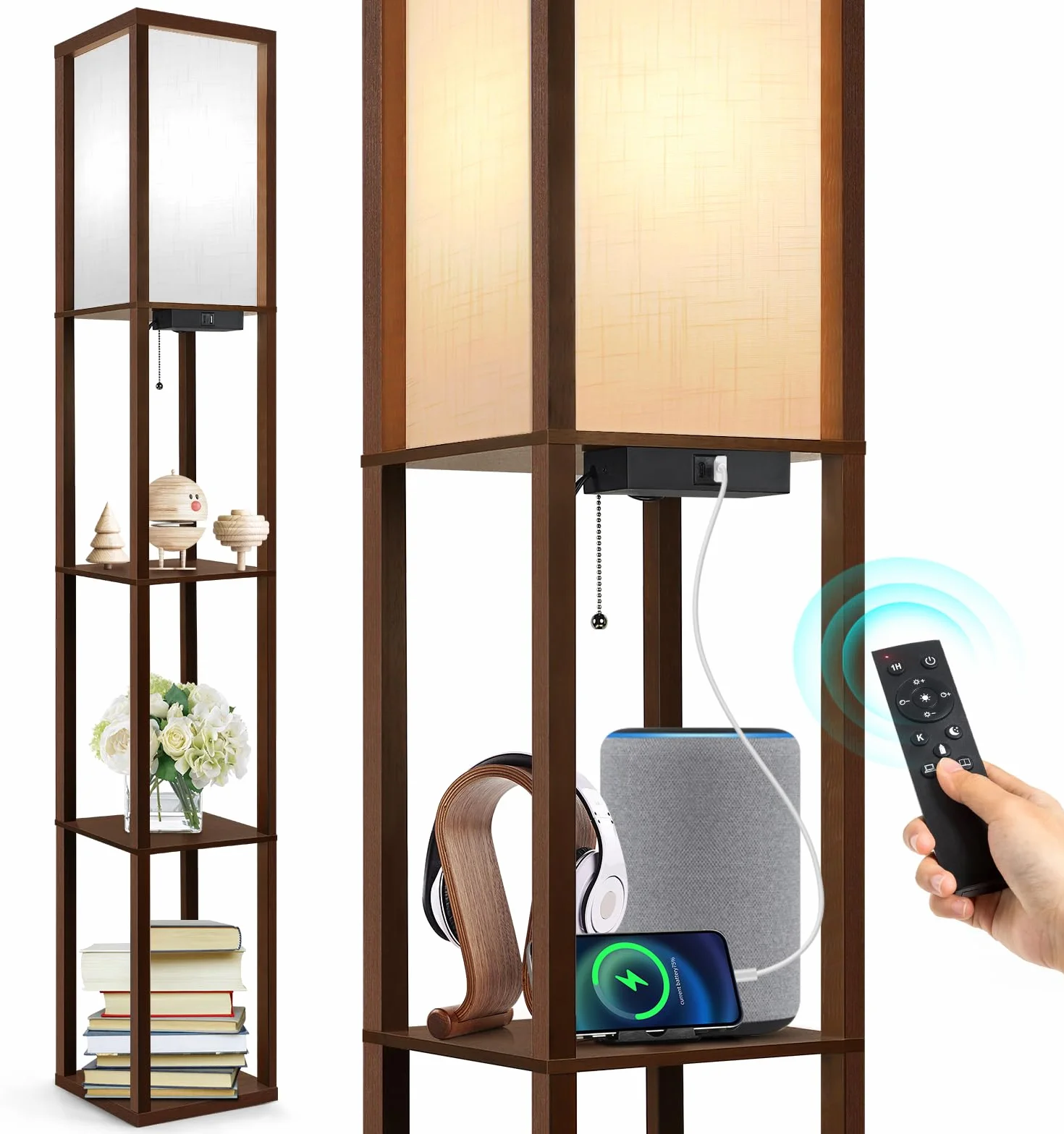 OUTON Lampa podłogowa LED ściemnialna z pilotem, USB i USB-C, 4 temperatury kolorów, timer