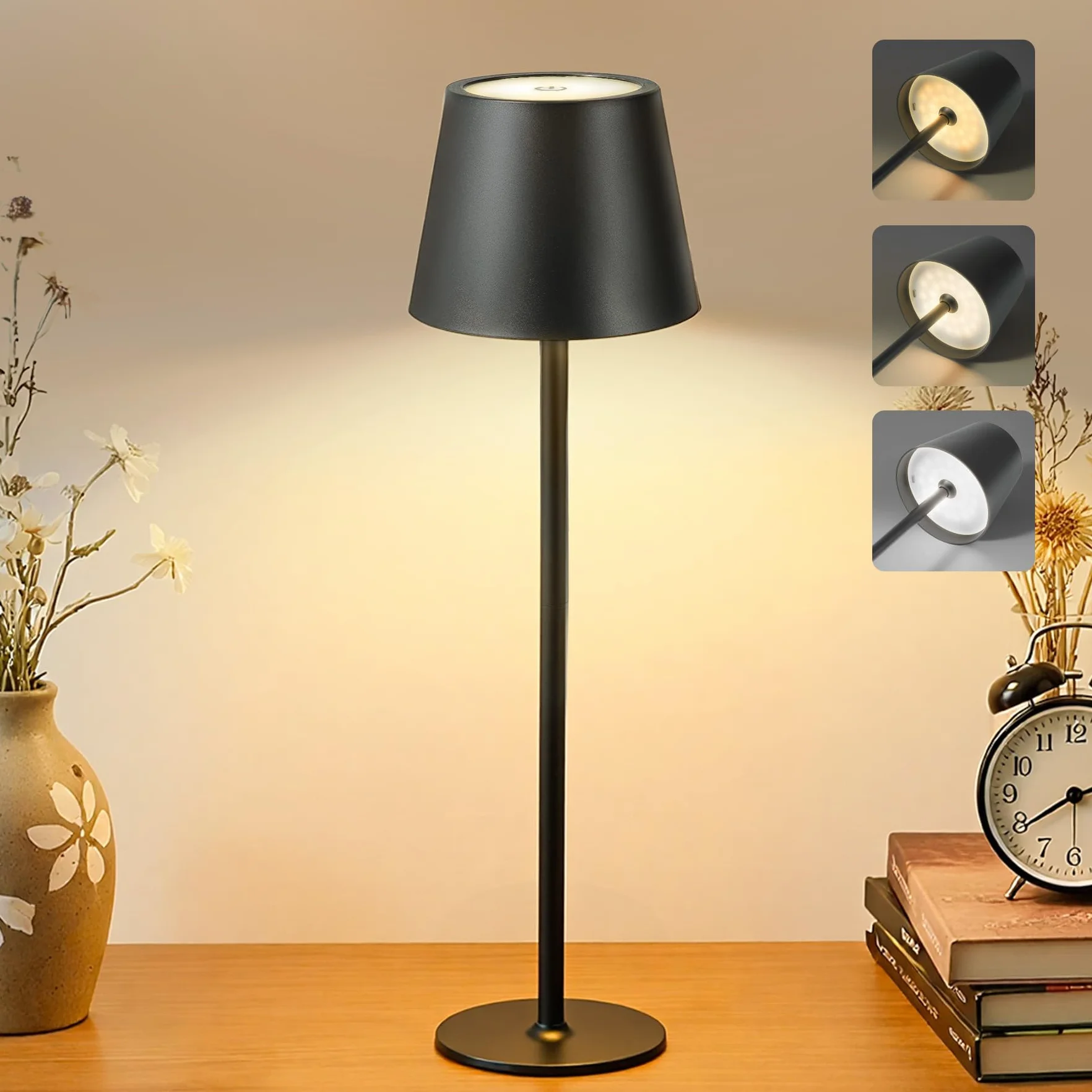 Bonsery Bezprzewodowa lampa stołowa LED 5200 mAh USB 2 wysokości 3 temperatury barwowe 2700-6500 K wodoszczelna metalowa dotykowa ściemniana