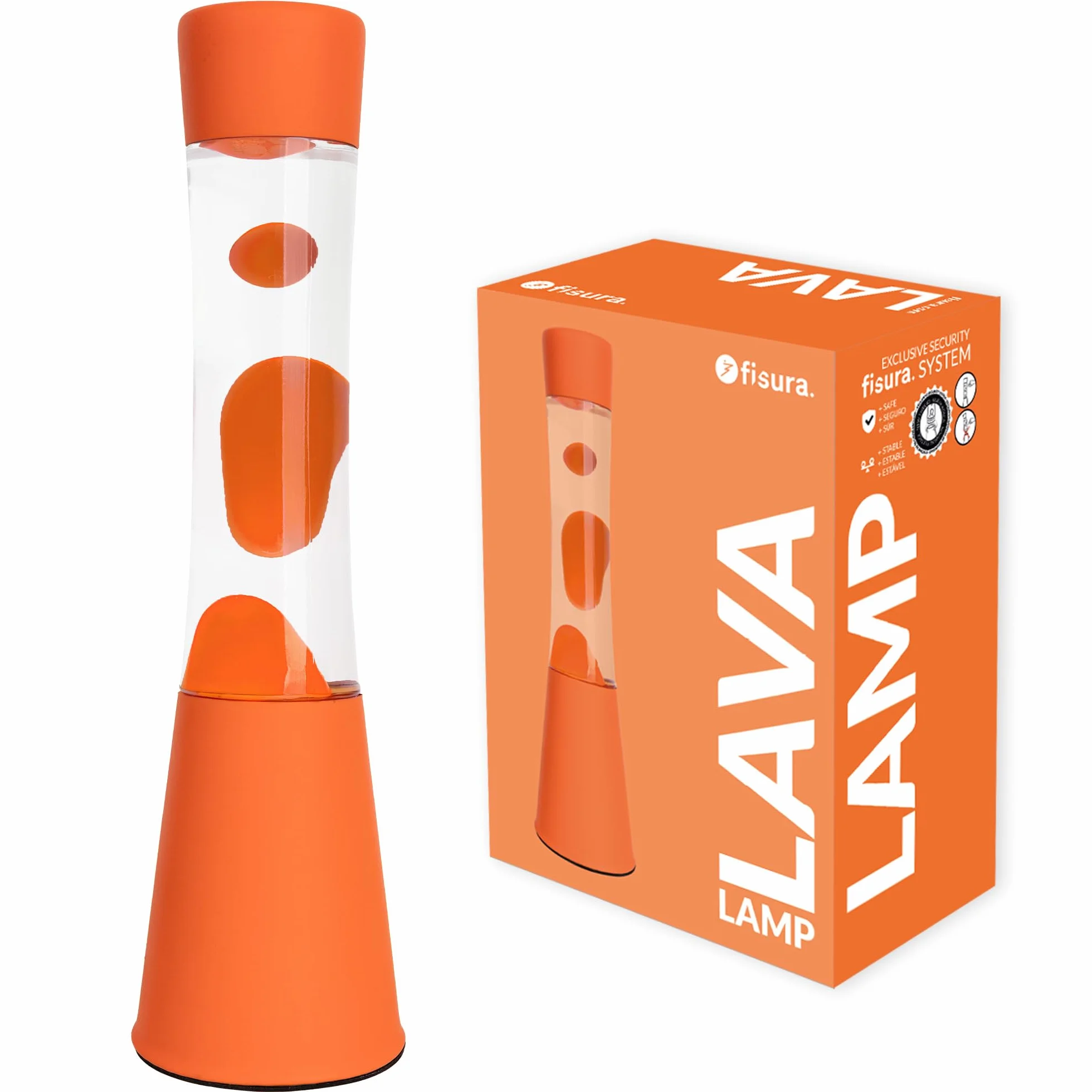 Fisura – Lampa z lawą pomarańczowa. Podstawa i lawa w kolorze pomarańczowym z przezroczystym płynem. Lampa relaksacyjna z zapasową żarówką. 11 cm x 11 cm x 39,5 cm.
