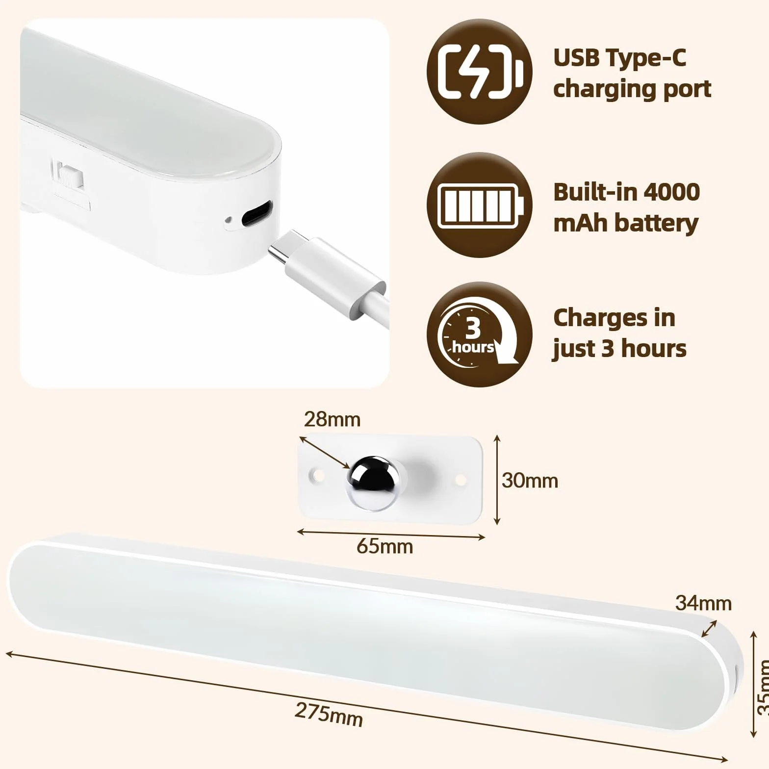 Oświetlenie lustrzane LED 4000 mAh trzech temperaturach barw obracane 360° ściemnianiem dotykowym