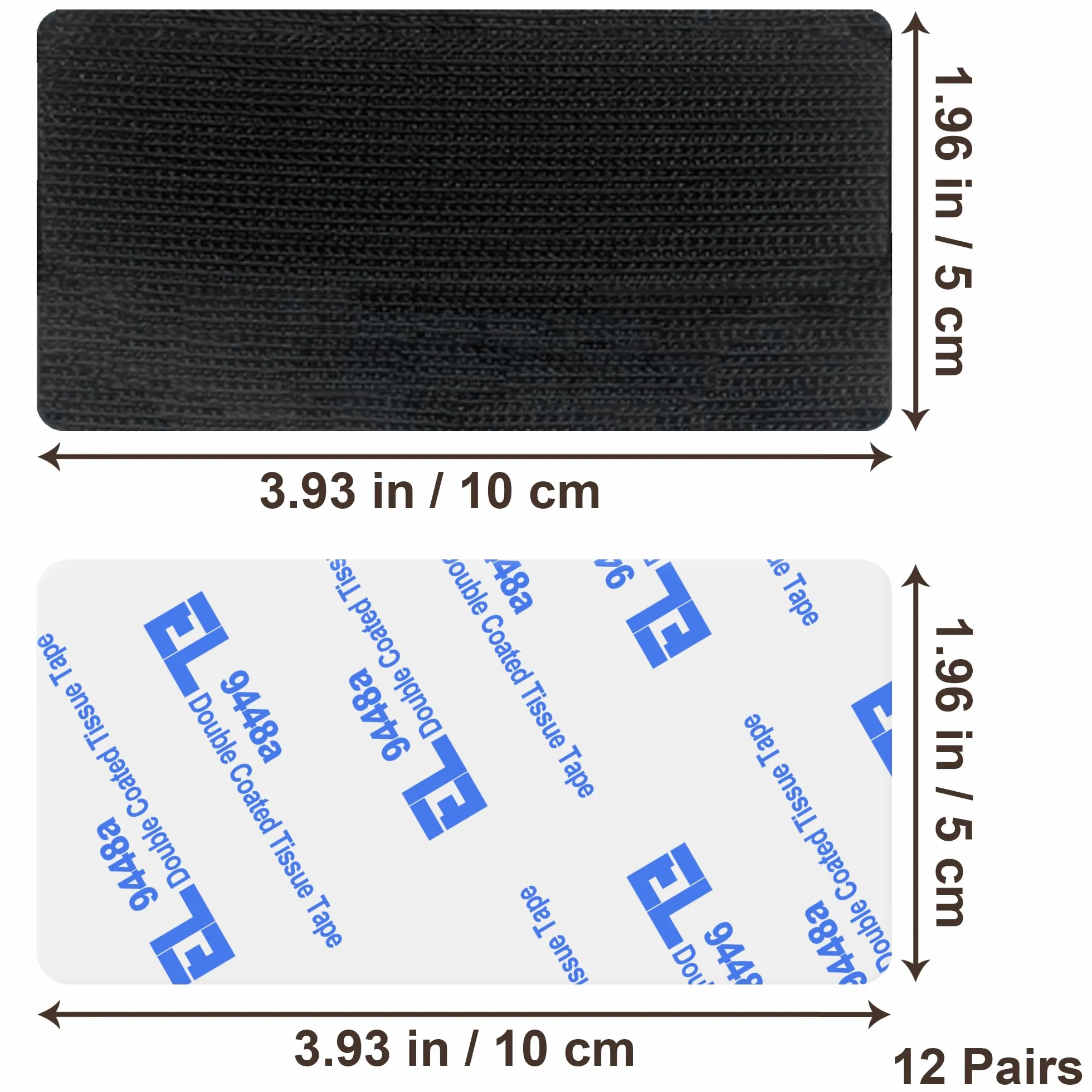 Czarna taśma klejąca z nylonu 12 par samoprzylepnych pasków na rzepy 5 cm x 10 cm zaokrąglone narożniki mocna przyczepność wielokrotnego użytku