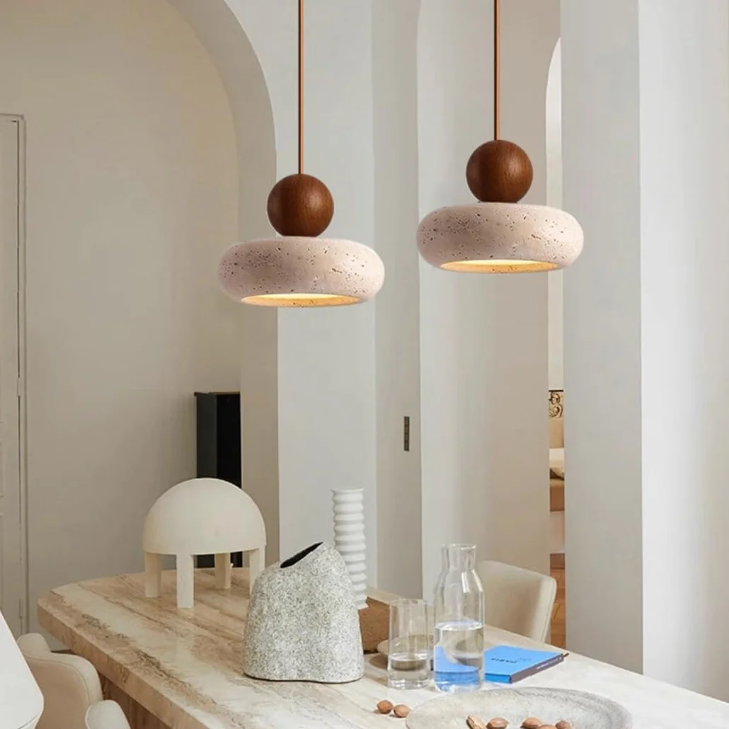 Lampa Wisząca z Trawertynu LED Styl Wabi-Sabi Drewno Okrągła Żyrandol Kamień Naturalny Mała Lampka Nocna