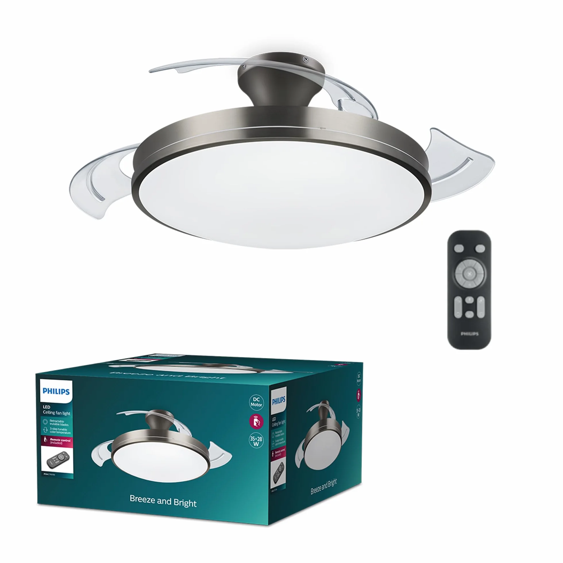 Philips Atlas LED wentylator sufitowy 28W+35W, 2700-5500K, nikiel, z pilotem zdalnego sterowania