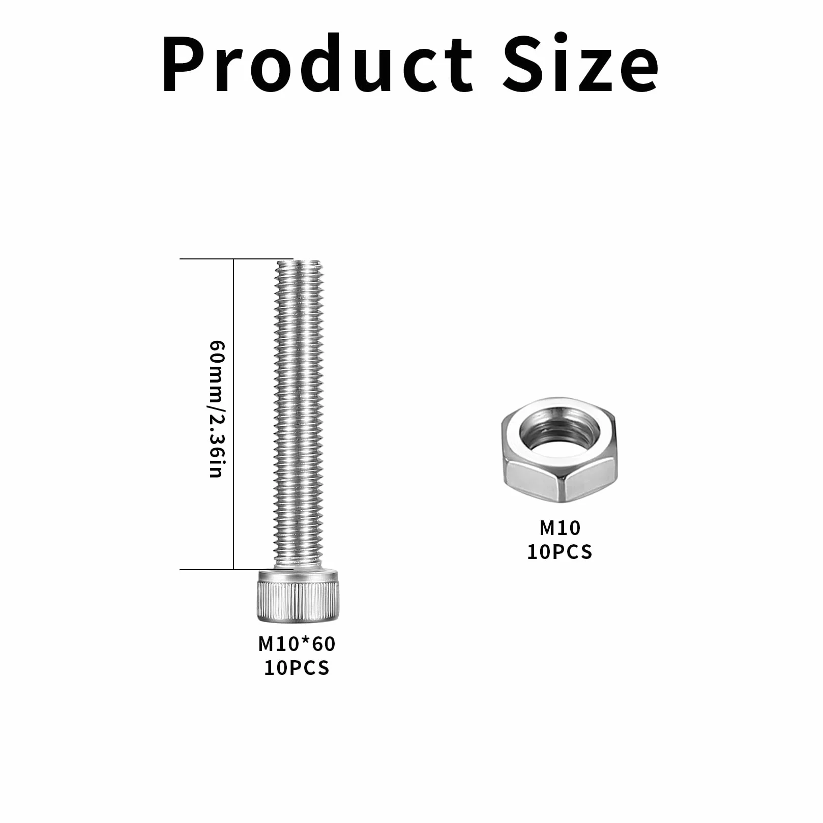 Śruby cylindryczne M10 x 60 mm pełny gwint zestaw 10 sztuk z nakrętkami