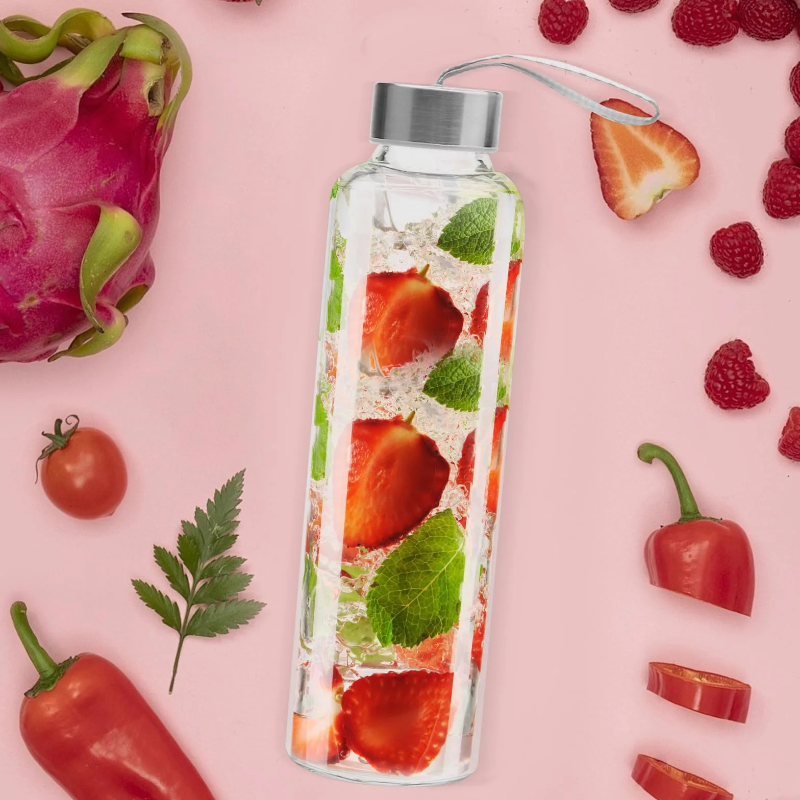 Szklana butelka 550 ml, butelka na wodę, ze szkła z pokrowcem z neoprenu, z pokrowcem ochronnym i pokrywką ze stali nierdzewnej, szklana butelka do picia, do uprawiania sportu, biura, szkoły i