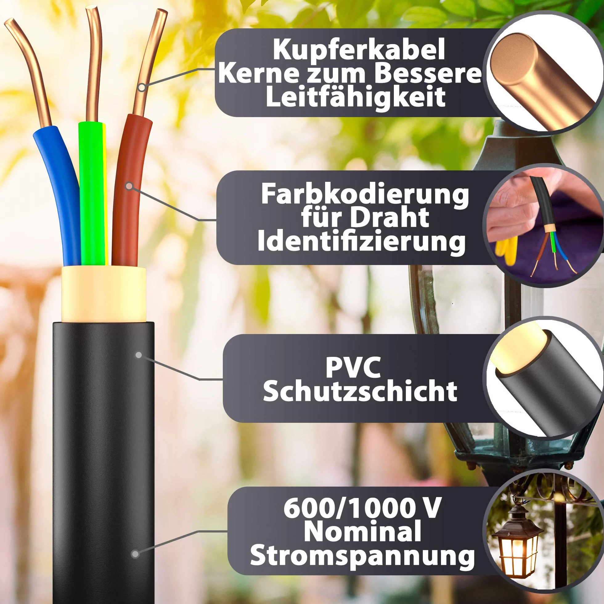 MAS-Premium® NYY-J 3x6 mm² 20 m Ziemny Kabel Elektryczny Zasilający