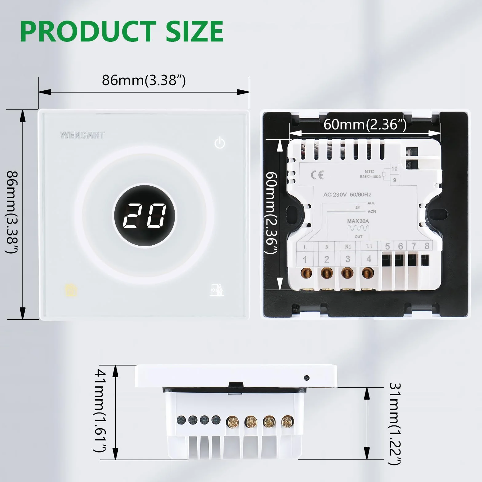 Wengart Inteligentny termostat WG502 AC230V 30A Elektryczny podgrzewacz podłogowy z czujnikiem 3m biały