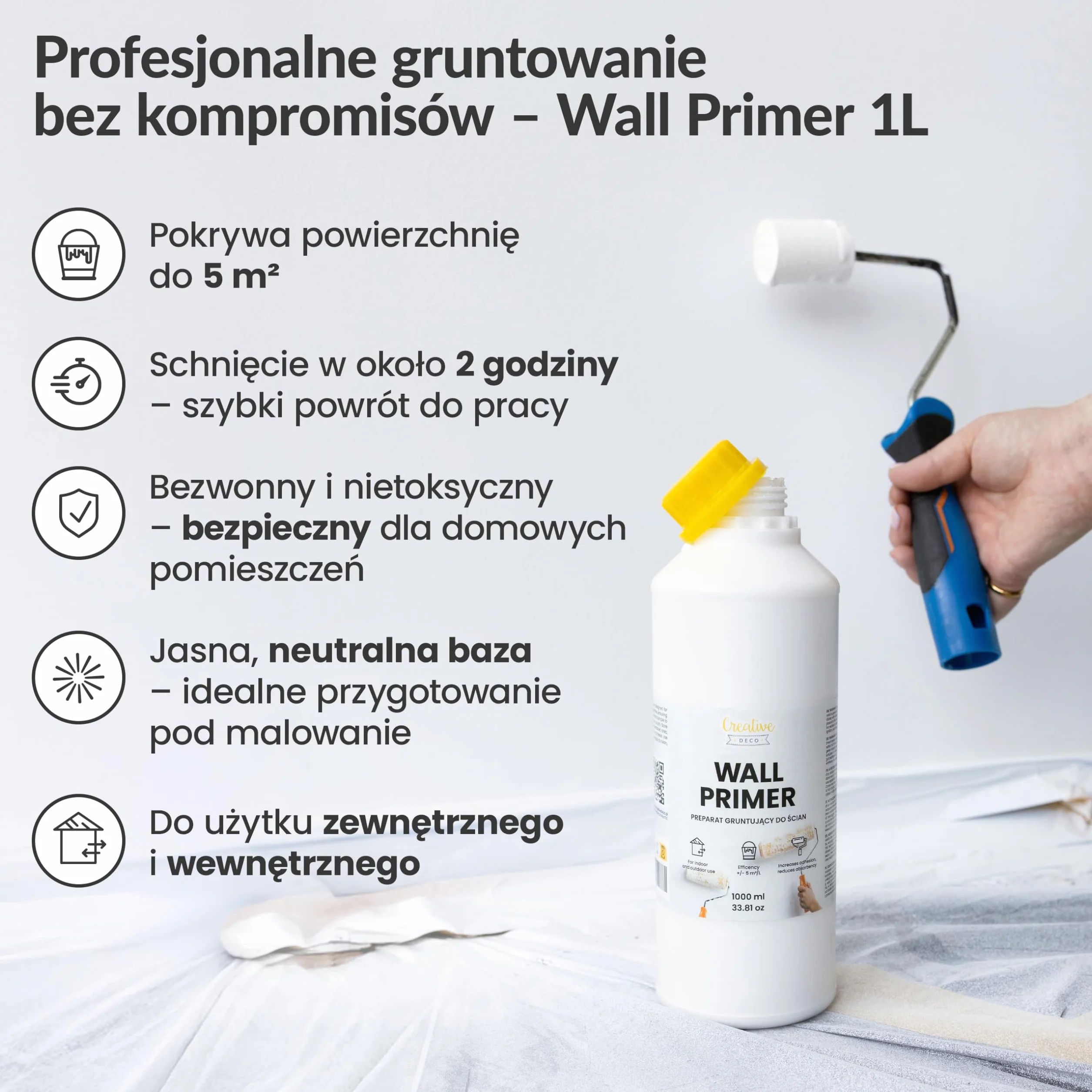 Creative Deco Podkład pod Farby 1L Biały do Ścian i Sufitów Wydajność 5m2 Wysoka Przyczepność Szybkoschnący