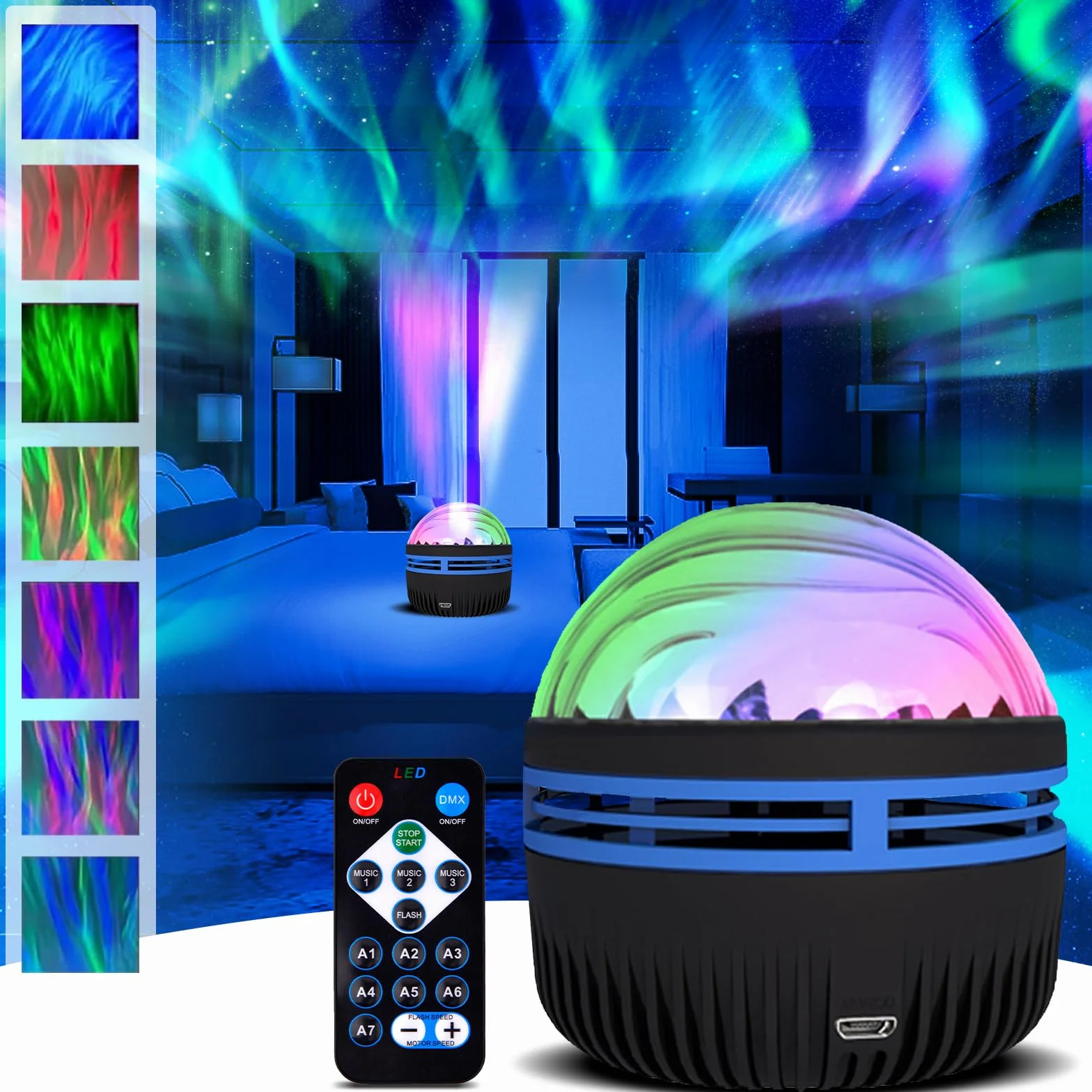 Pipihome Projektor 2 w 1 zorza polarna fale oceaniczne ściemnialne światła USB do sypialni dekoracyjne