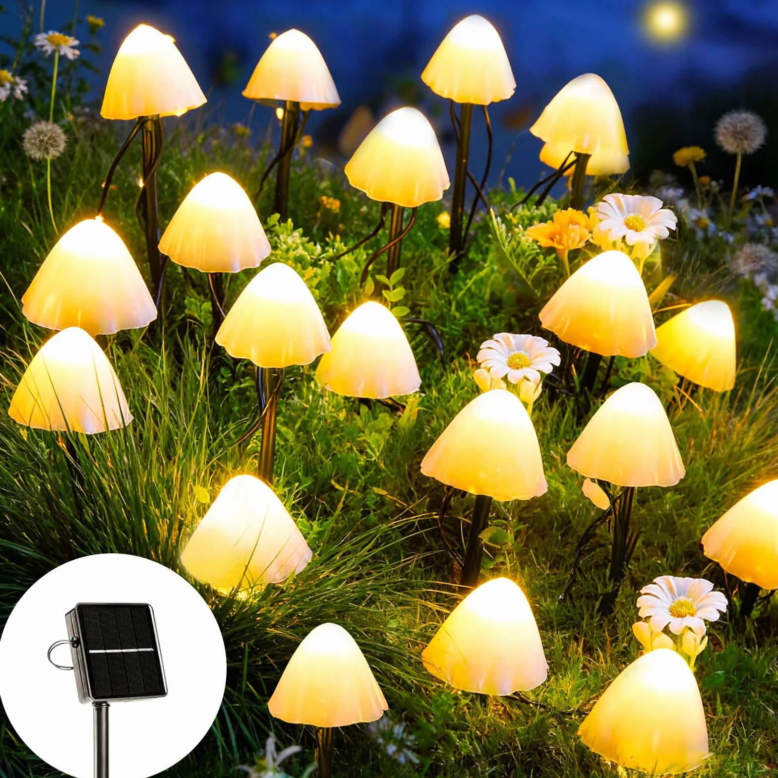 Joycome Ozdoby ogrodowe słoneczne 5 m 20 diod LED grzyb wodoodporne lampki ogrodowe ciepła biel