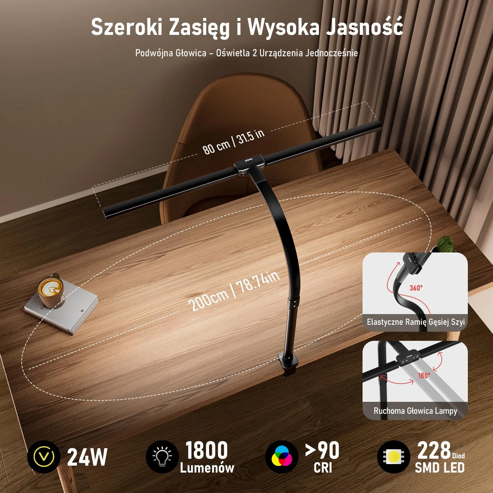 Jeebel Lampa Biurkowa LED 24W 80cm Dwugłowicowa z Pilotem 1800LM