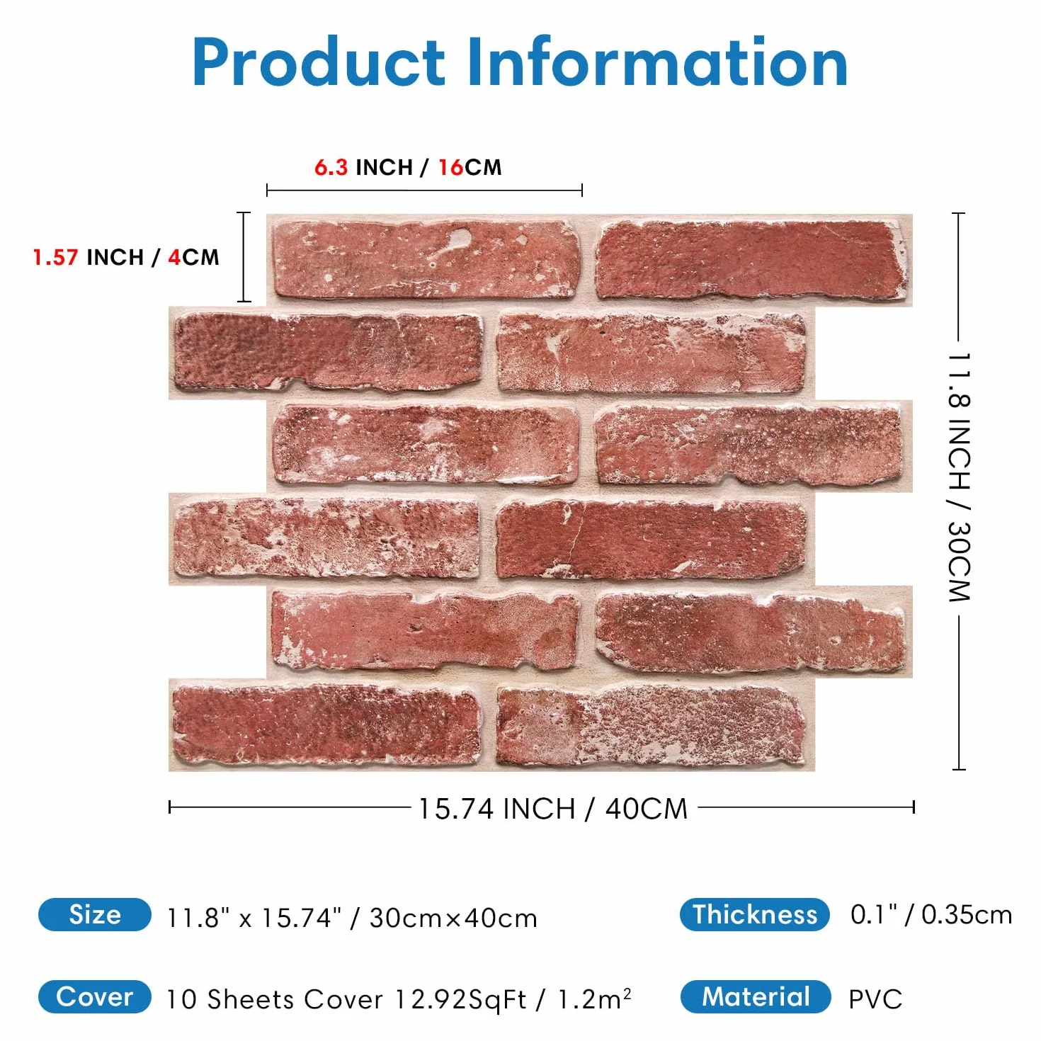 COMSTICKC Samoprzylepne panele ścienne 3D, 10 sztuk, 30 x 40 cm, okładzina ścienna o wyglądzie kamienia, panele ścienne samoprzylepne cegły