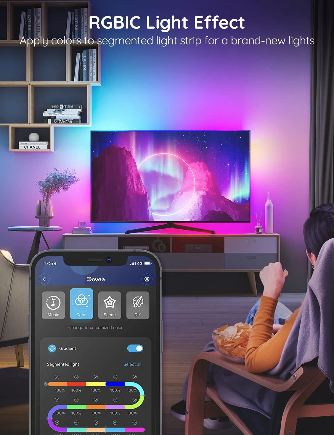 Govee RGBIC wodoszczelna elastyczna taśma LED, możliwość synchronizacji z muzyką, 300 diod LED, 2 m