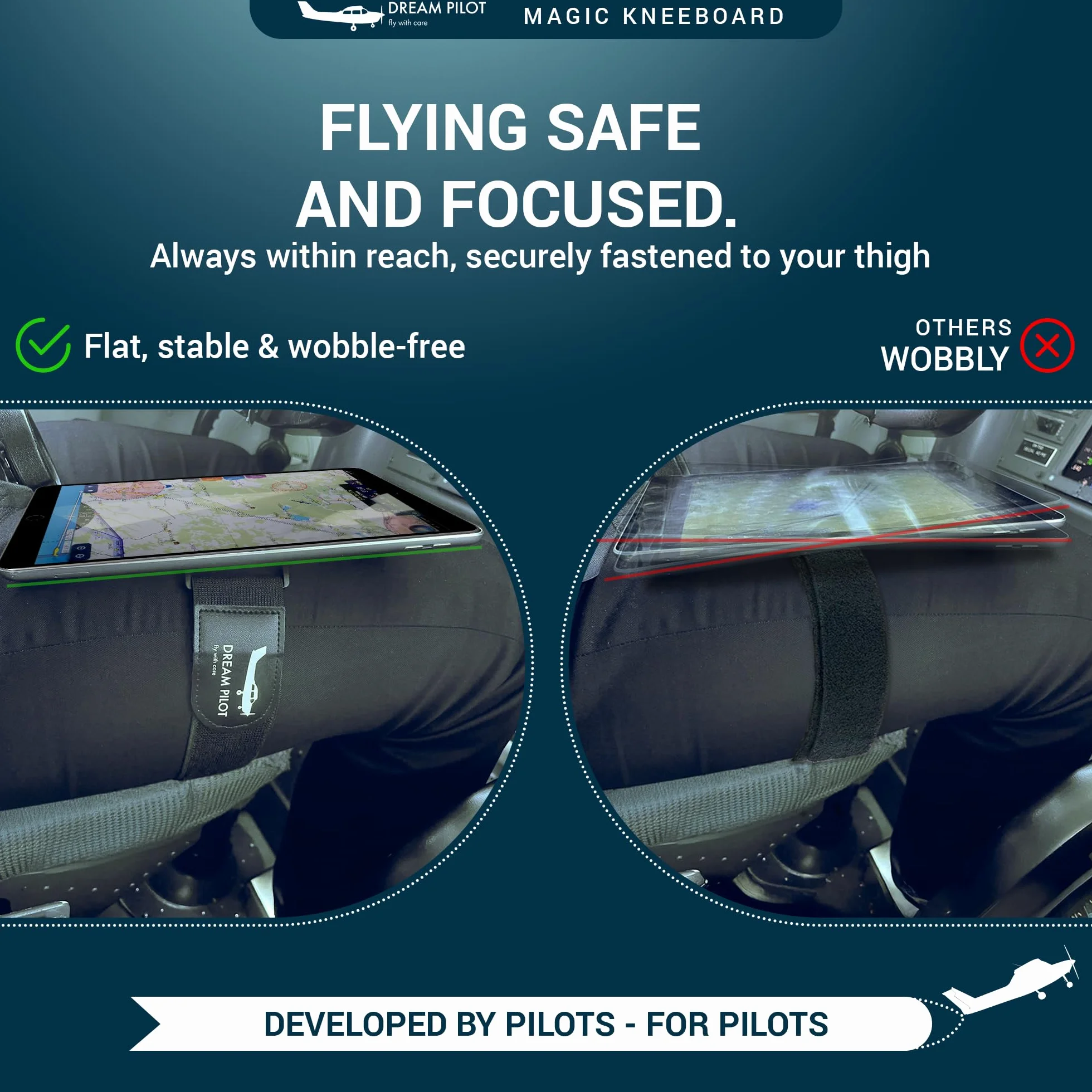 Dream Pilot Kneeboard do iPada, iPada mini, iPhone'a, dowolnego smartfona z systemem Android, dowolnego tabletu, uniwersalne rozwiązanie - smukłe, stabilne, certyfikowane wzornictwo MIL-STD 810G