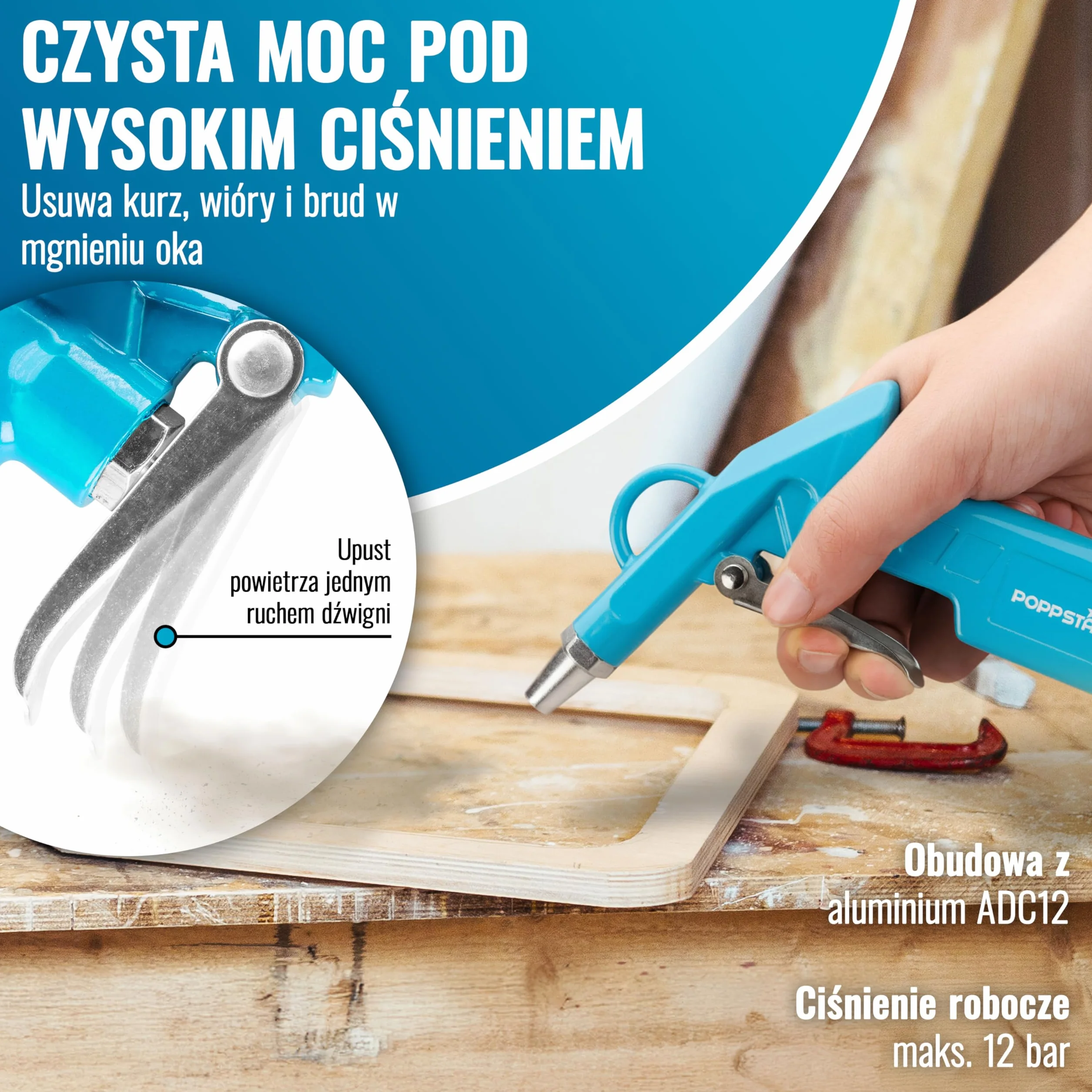 Poppstar zestaw akcesoriów do sprężonego powietrza: napełniacz do opon 0-16 bar, wąż spiralny 5m, pistolet przedmuchiwania 12 bar