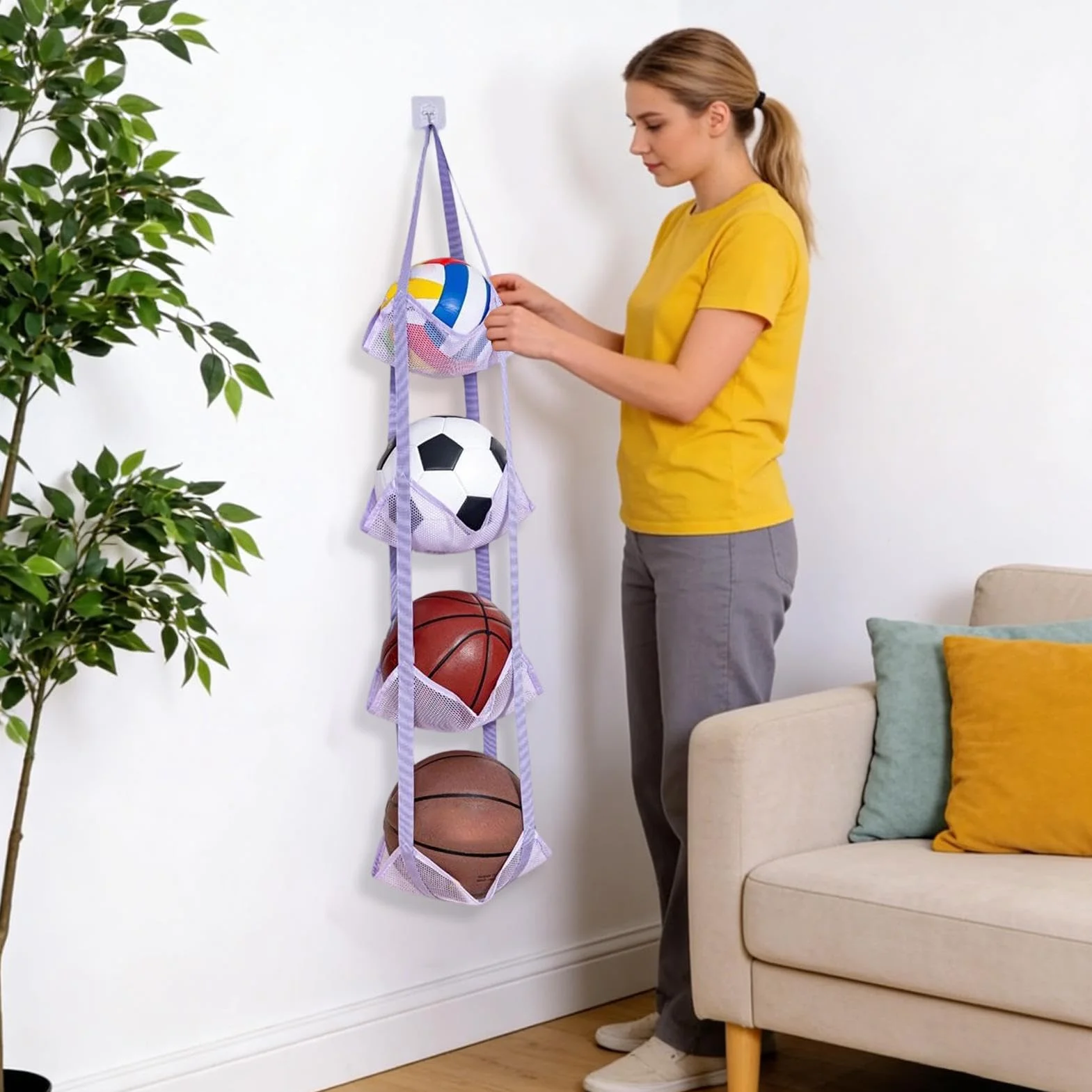 Wielowarstwowy pionowy stojak na piłki – organizer do montażu na ścianie | 60x30cm do przechowywania koszykówek, piłek siatkowych, pluszowych zabawek, domu, garażu, sypialni, salonu lub wyświetlania