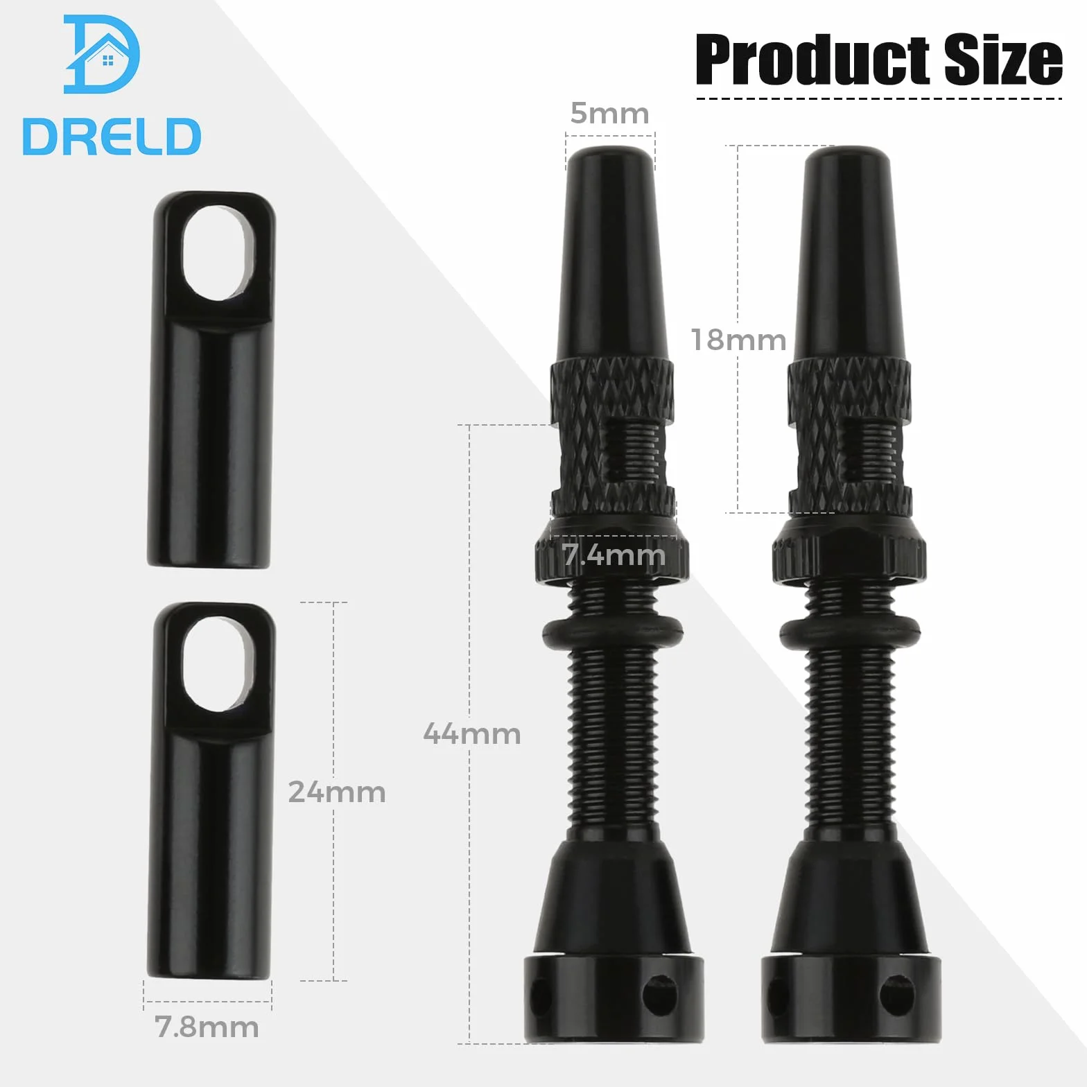 DRELD 2 sztuki bezdętkowych zaworów rowerowych 44 mm, 1 para zaworów Presta Tubeless, MTB, bezdętkowy stop aluminium Presta, trzpień zaworu Tubeless Presta (44 mm, czarne)