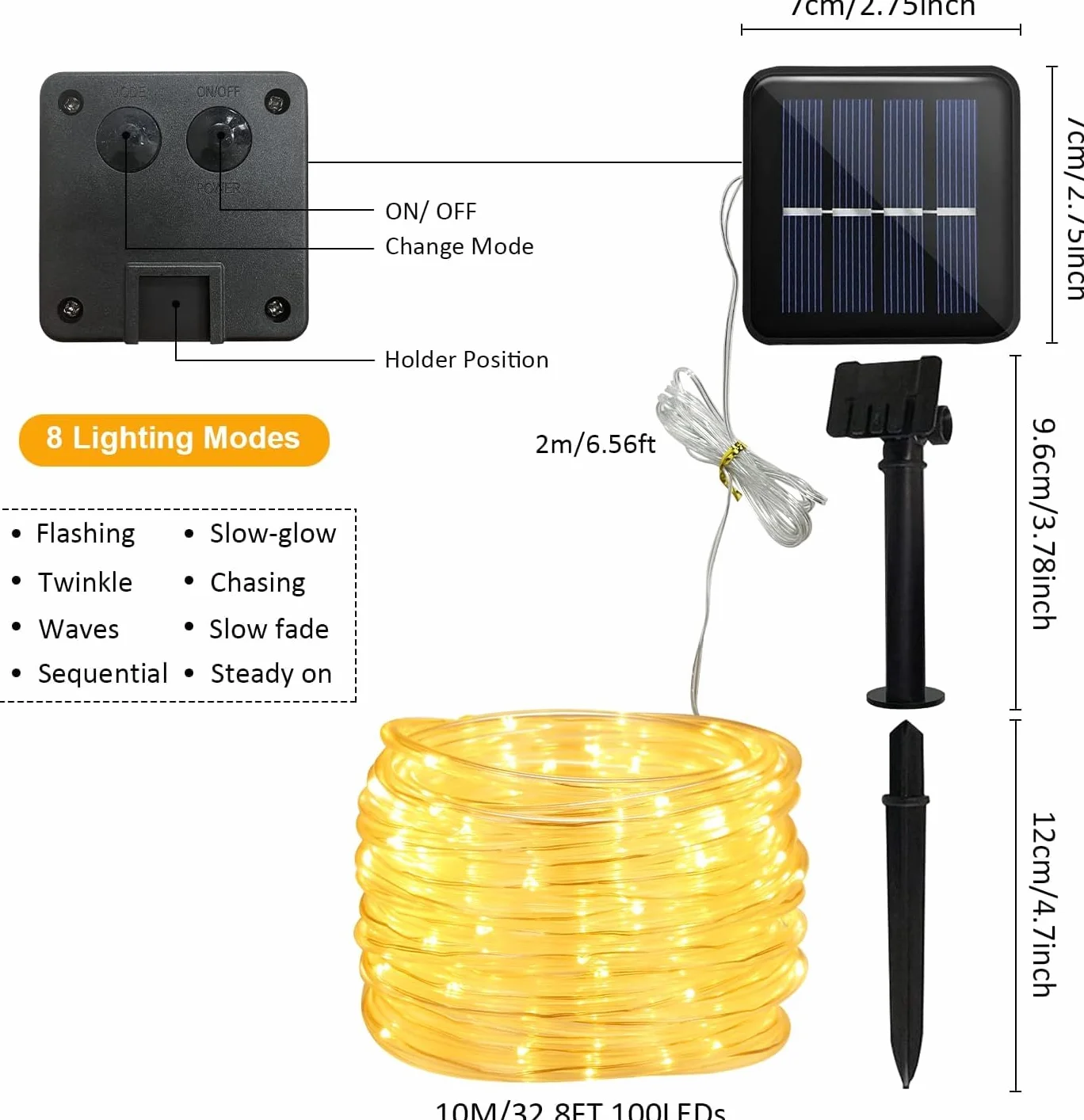 JIMACRO Zewnętrzne solarne lampy linowe LED IP65 12 m 100 diod 8 trybów oświetlenia łańcuch świetlny do ogrodu