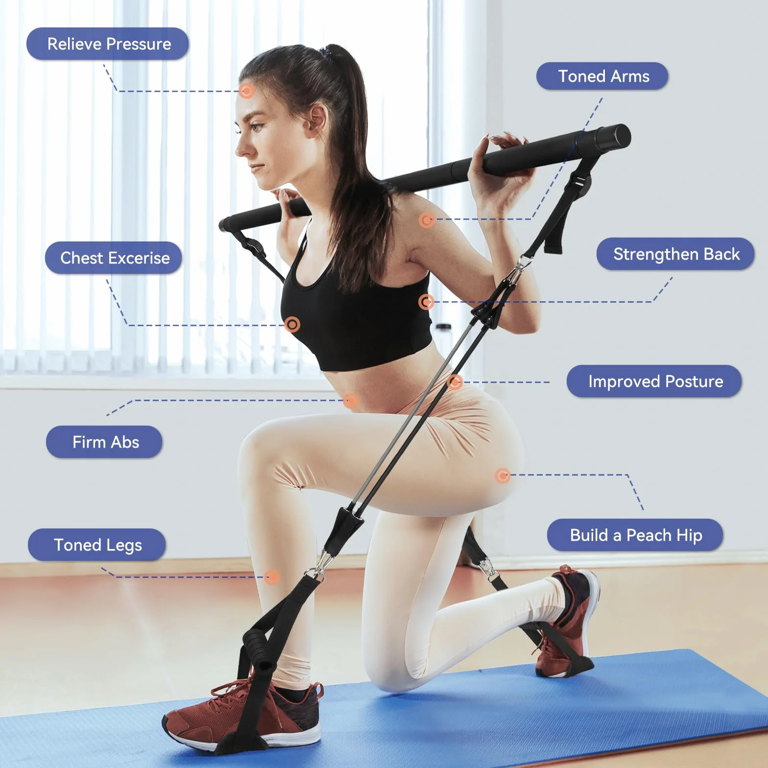 ALongSong Zestaw batoników do pilatesu z 4 elastycznymi taśmami oporowymi z lateksowymi elastycznymi taśmami oporowymi, 9 kg, 18 kg, 3 sekcje do pilatesu, przenośny domowy trening fitness do jogi,