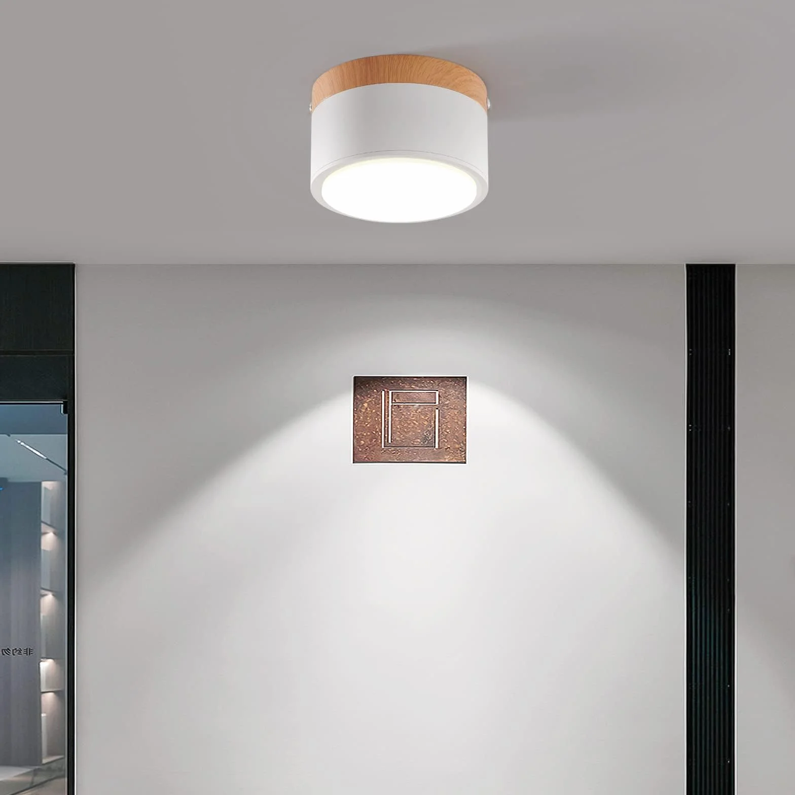 Lampa Sufitowa LED, Reflektor Natynkowy Dekor Drewniany, Mini Okrągła Biała Lampa Sufitowa, Ciepła Biel 3000 K, 12 W.