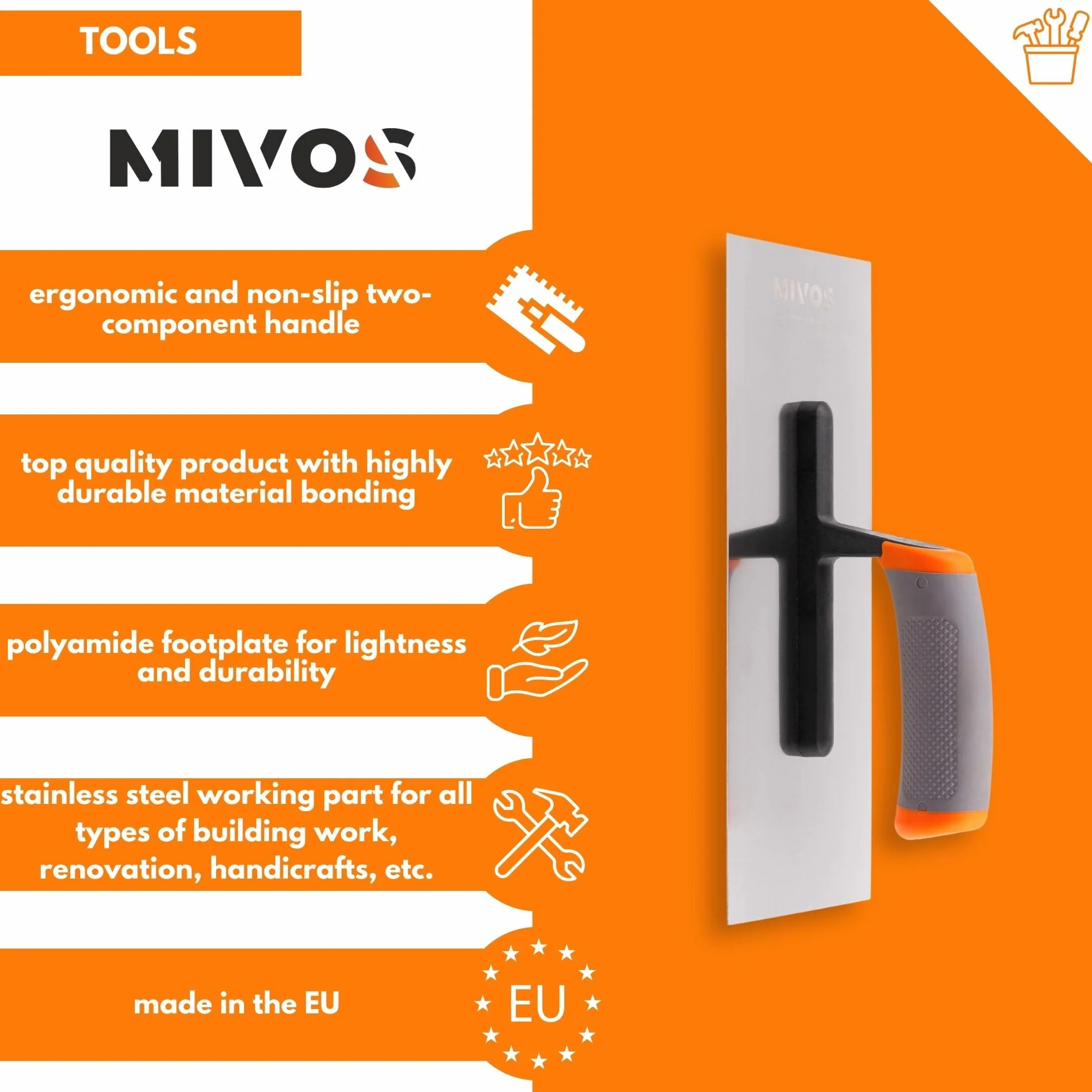 MIVOS Paca wygładzająca ze stali nierdzewnej 280 x 120 mm - Ergonomiczny miękki uchwyt - Płyta do tynkowania i murowania
