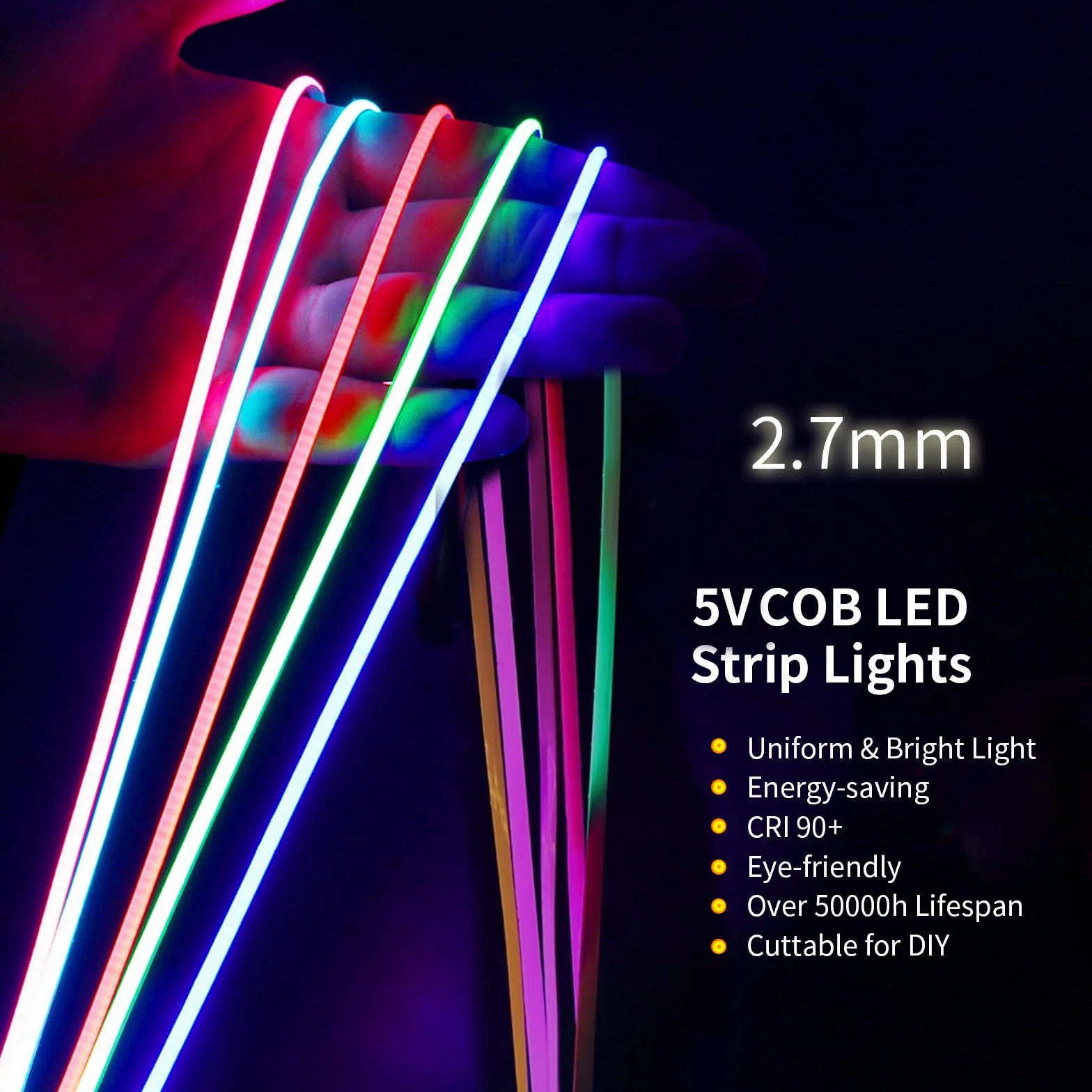 Zielony COB taśma LED 5V 3m 480 LED/m USB CRI90 2,7mm do kamery telewizora inteligentne podświetlenie