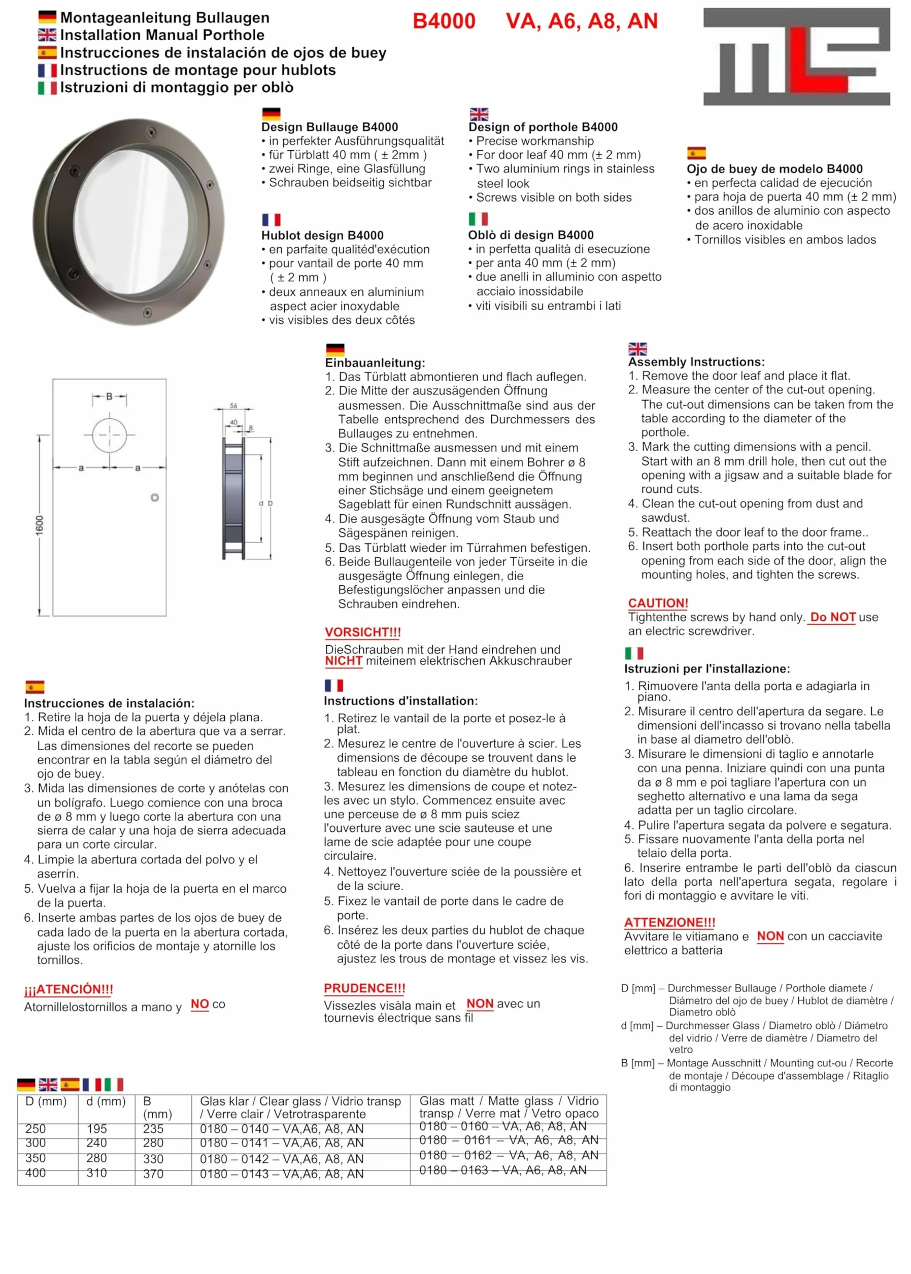 MLS B4000 Bulaj do Drzwi z Aluminium, Szkło VSG, Średnica 300 mm, Czarny