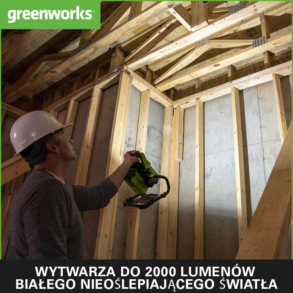 Greenworks G40WL Akumulatorowa Lampa Robocza Hybrydowa AC/DC 2000 Lumenów 2 Ustawienia Jasności