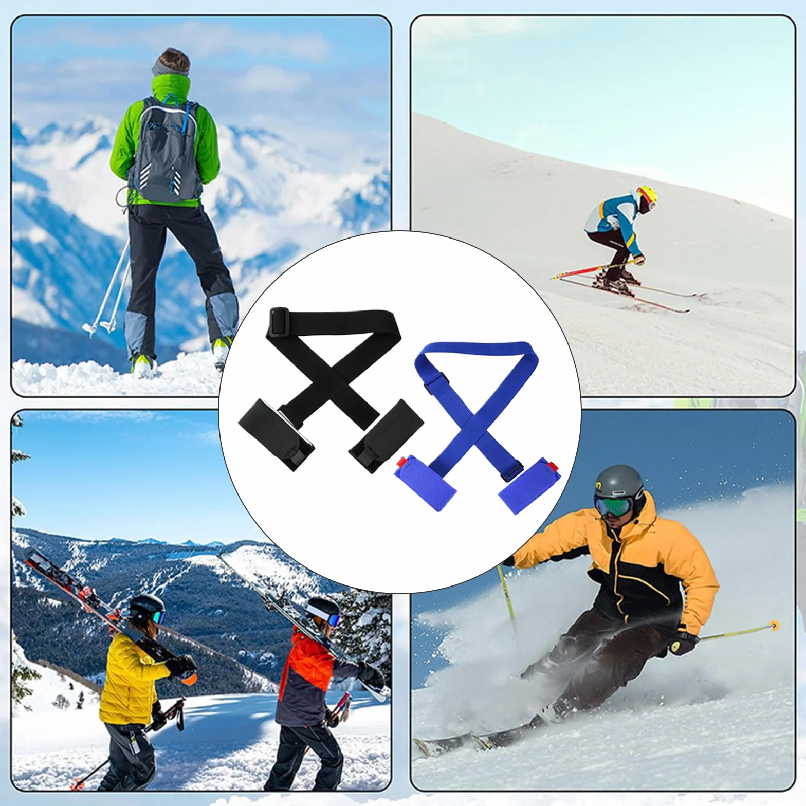 Pas do noszenia nart – 2 sztuki, regulowany uchwyt na ramię, nylonowy uchwyt na narty, pas do wiązania snowboardowego, pasy narciarskie z wyściełaną taśmą zamykającą, do łatwego przenoszenia nart i