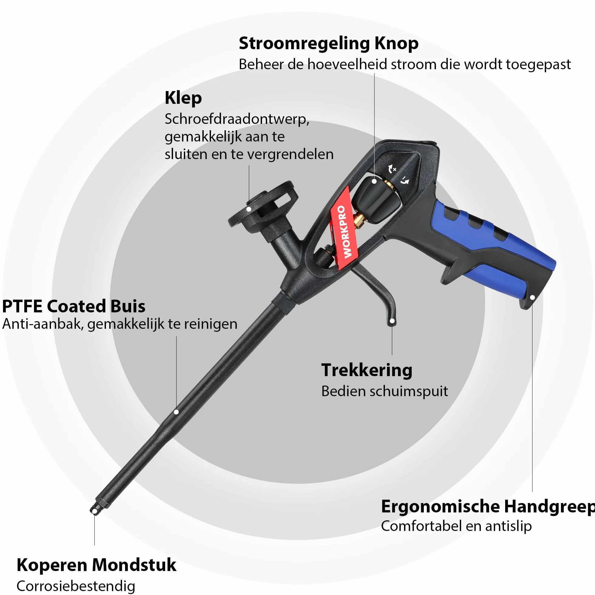 WORKPRO Pistolet piankowy PTFE do pianki poliuretanowej z przedłużkami i dyszami