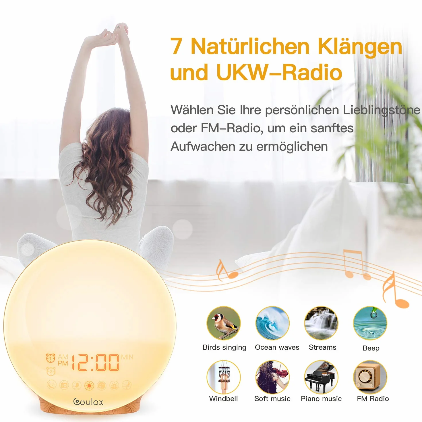 Budzik świetlny z drewna Multicolor z radiem FM, 7 dźwiękami, 2 czasami budzenia