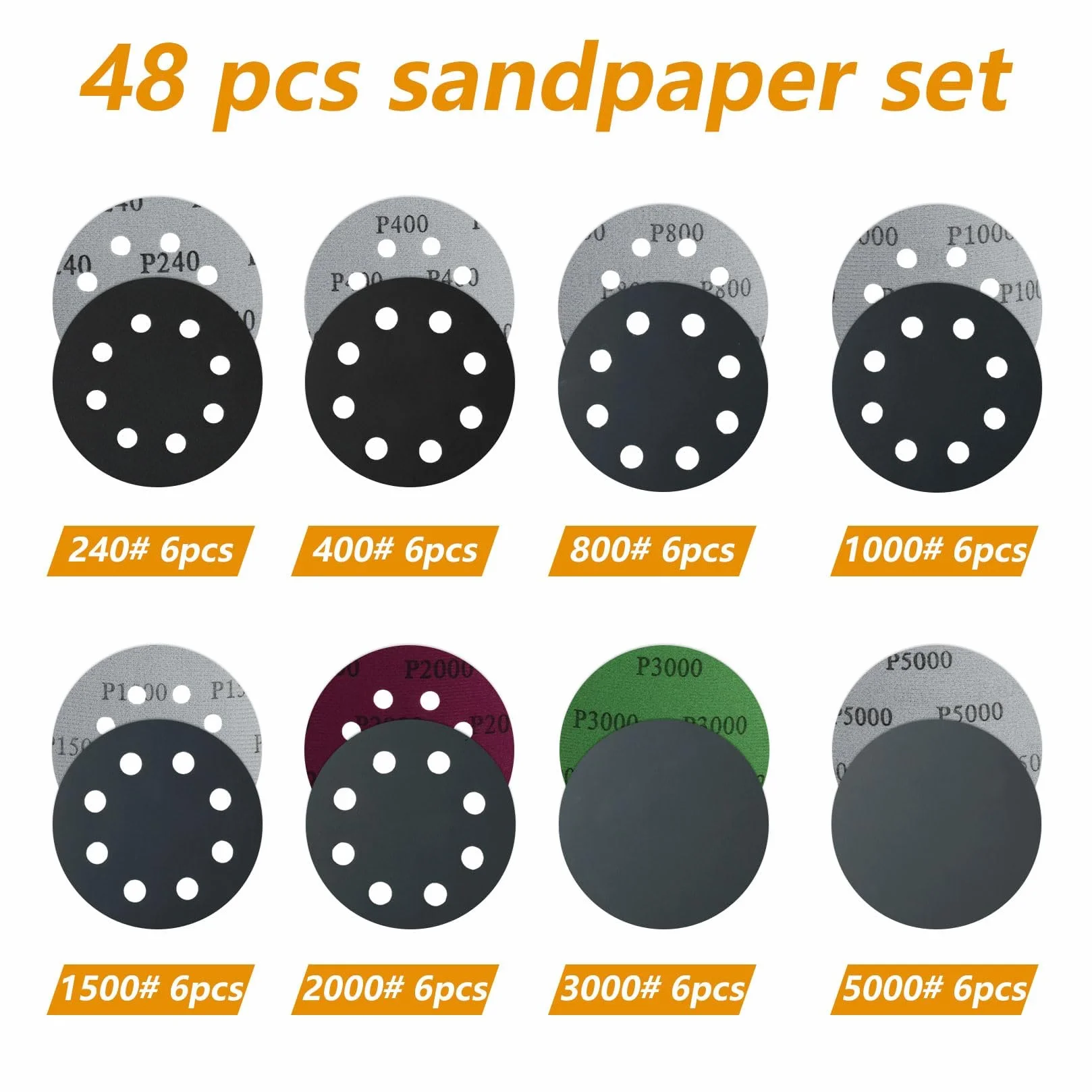 Kół szlifierskie 125 mm na rzep, ziarnistości 240-5000, 48 sztuk