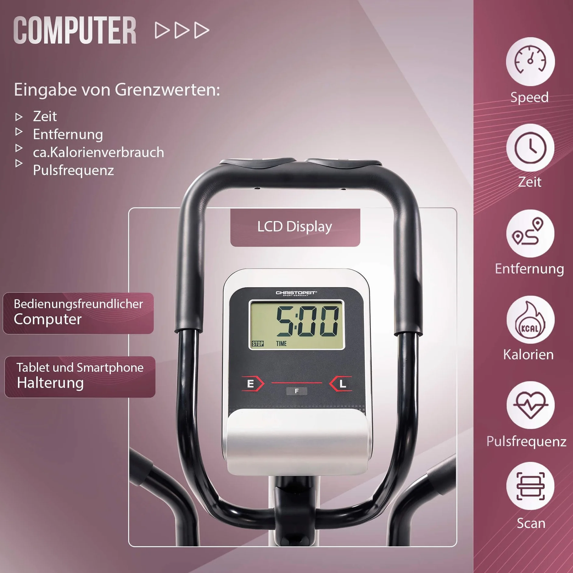 Christopeit AX 6500 trenażer domowy, hybrydowy 2 w 1 – elastyczny trenażer crossowy i domowy z 10-stopniowym oporem, wyświetlaczem LCD, czujnikami tętna i uchwytem na tablet