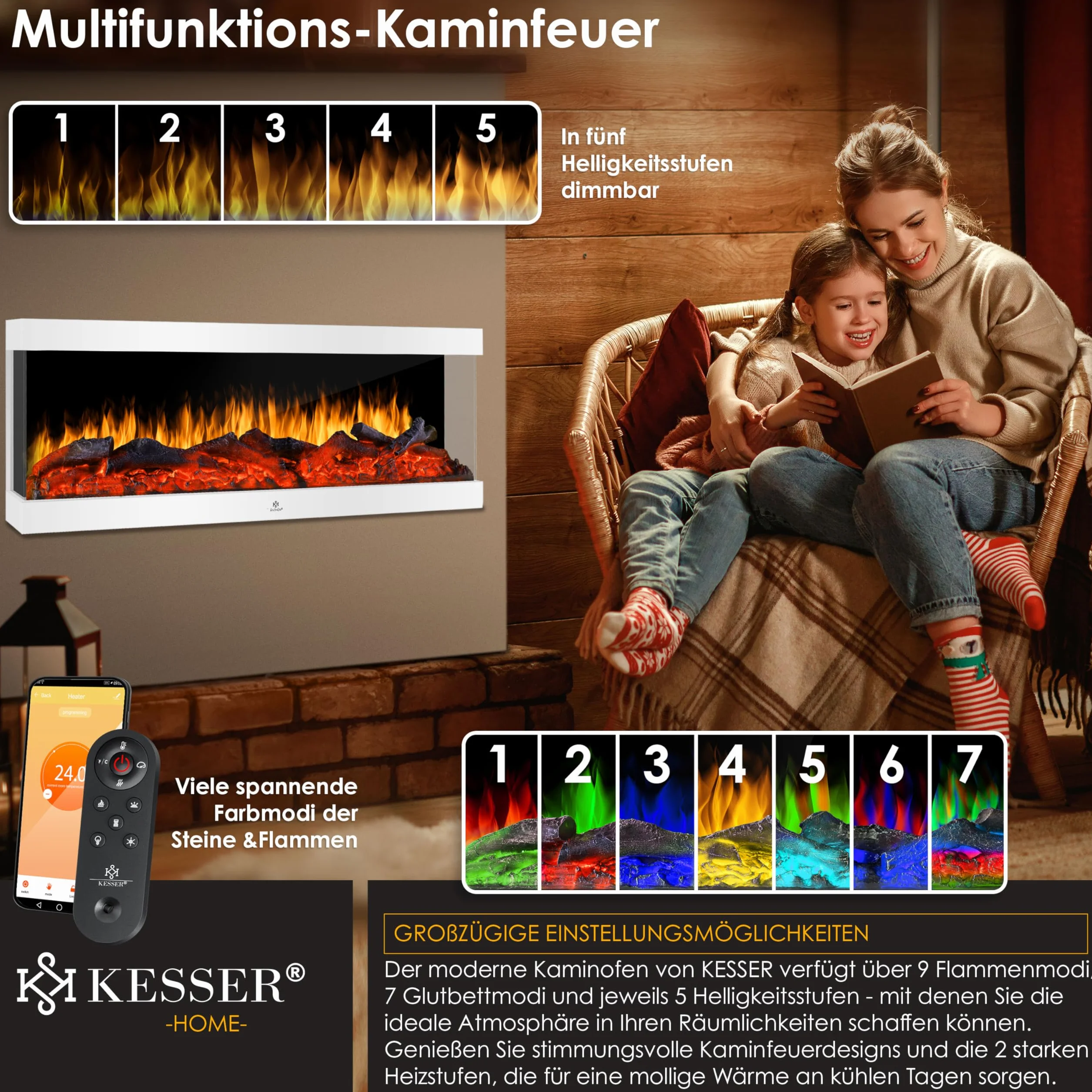 KESSER Kominek elektryczny 3D ścienny 900/1800 W 9 trybów LED efekt płomienia z ogrzewaniem