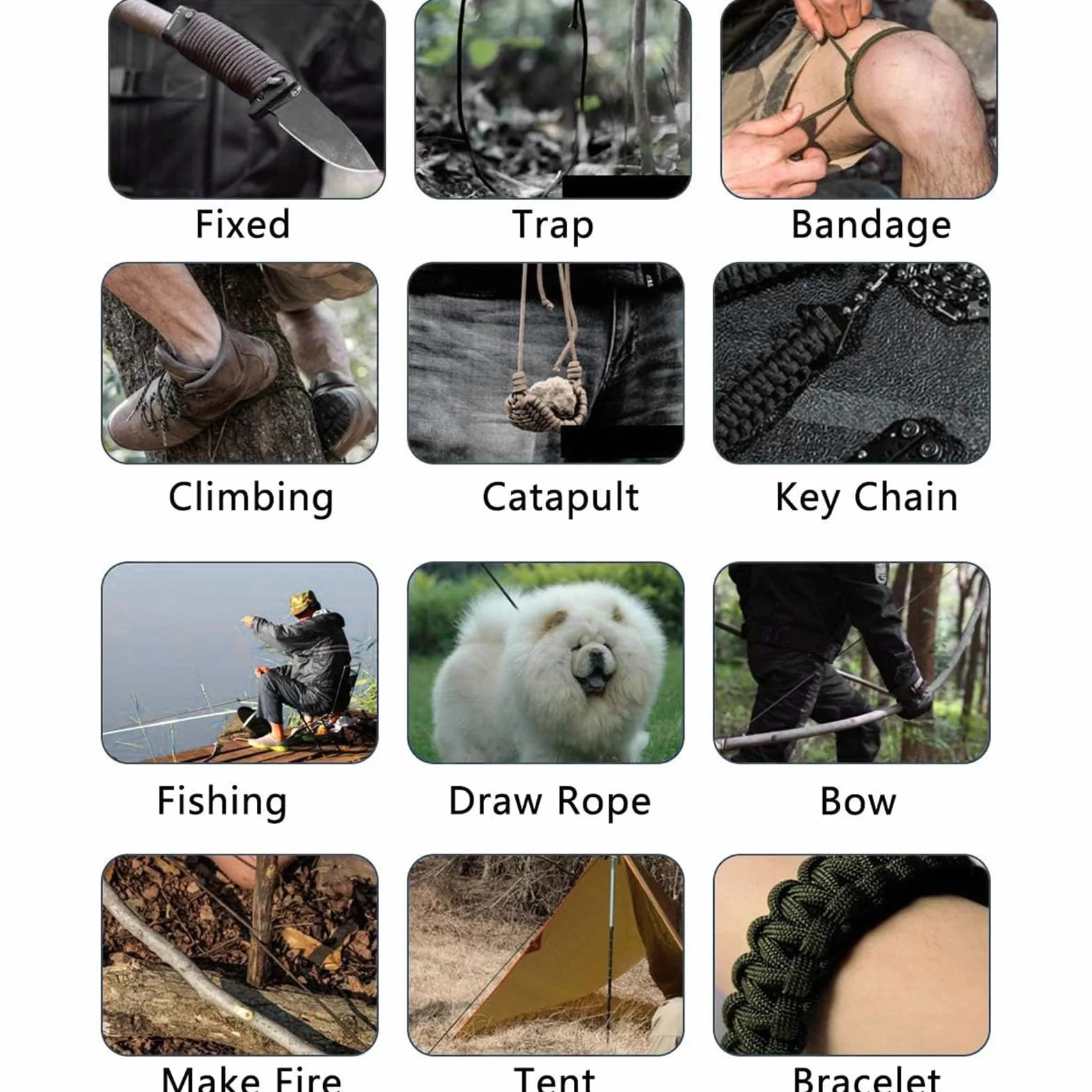 6 sztuk linki paracord 10 m, 4 mm, linka nylonowa Paracord, 7 rdzeni, wytrzymuje do 250 kg, na kemping, długość całkowita 40 m