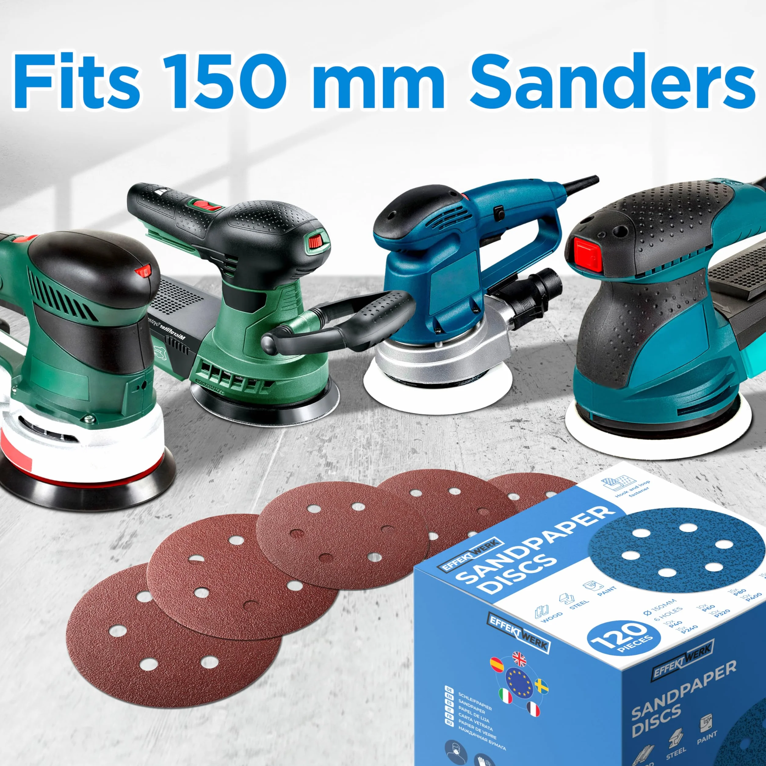 150mm Sanding Discs 120 Pack 6 Holes Sandpaper Multiple Grit Sizes 40-800