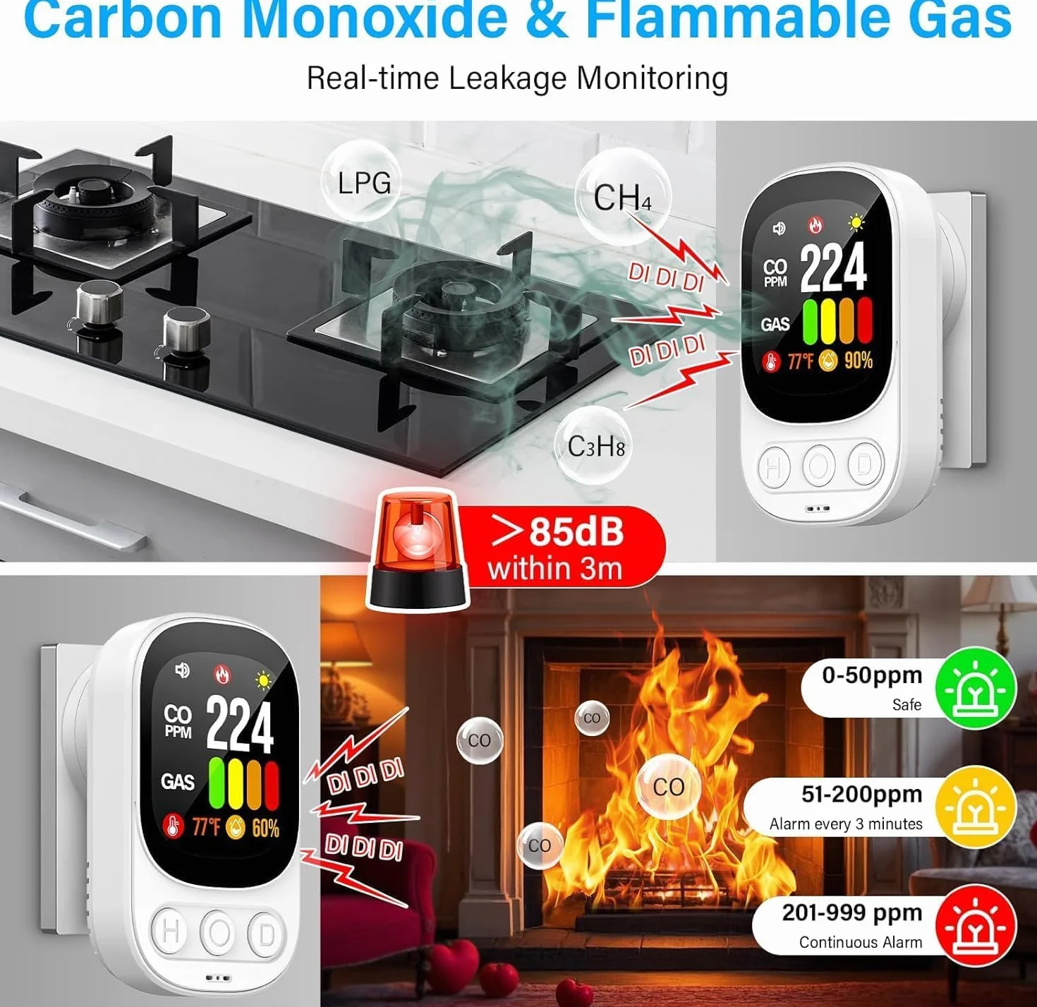 Detektor tlenku węgla, czujnik gazu palnego 2 w 1, alarm gazowy 2s 50 ppm ekran LCD
