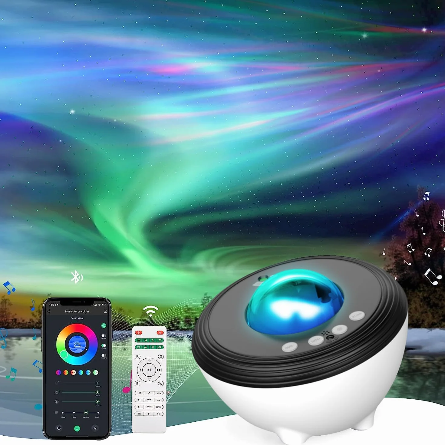 Projektor zorzy polarnej Smart WiFi 48-kolorowa galaktyka lampka nocna dla dzieci z głośnikiem muzycznym pilotem aplikacją sterowaniem głosowym kompatybilny z Alexą