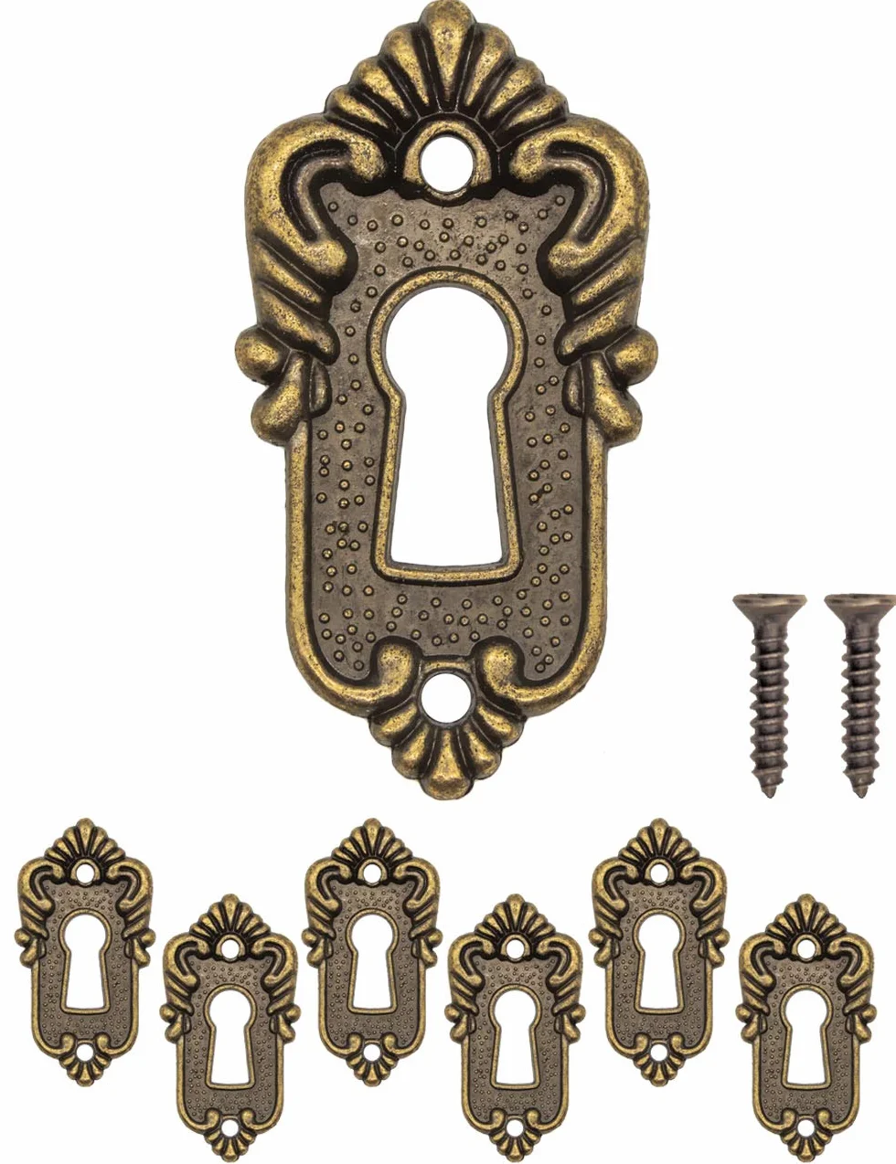 FUXXER® 6 x zabytkowe tabliczki na klucze, osłona dziurki od klucza, mosiądz vintage, dekoracyjne, 45 x 23 mm, brąz