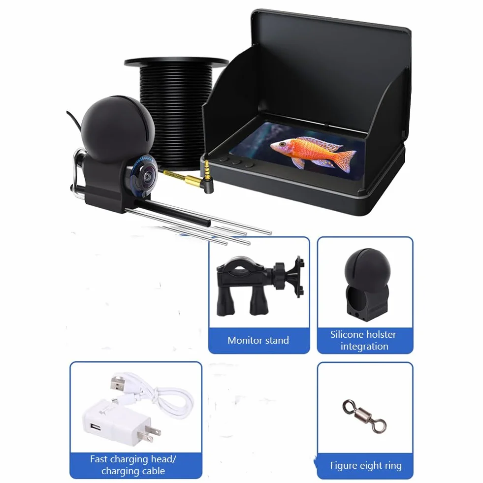 Fish Finder, podwodna kamera wędkarska z dużym ekranem o przekątnej 4,3" i szerokim kątem 220 stopni, akumulator 10000 mAh, 12 wbudowanych sond o wysokiej wydajności