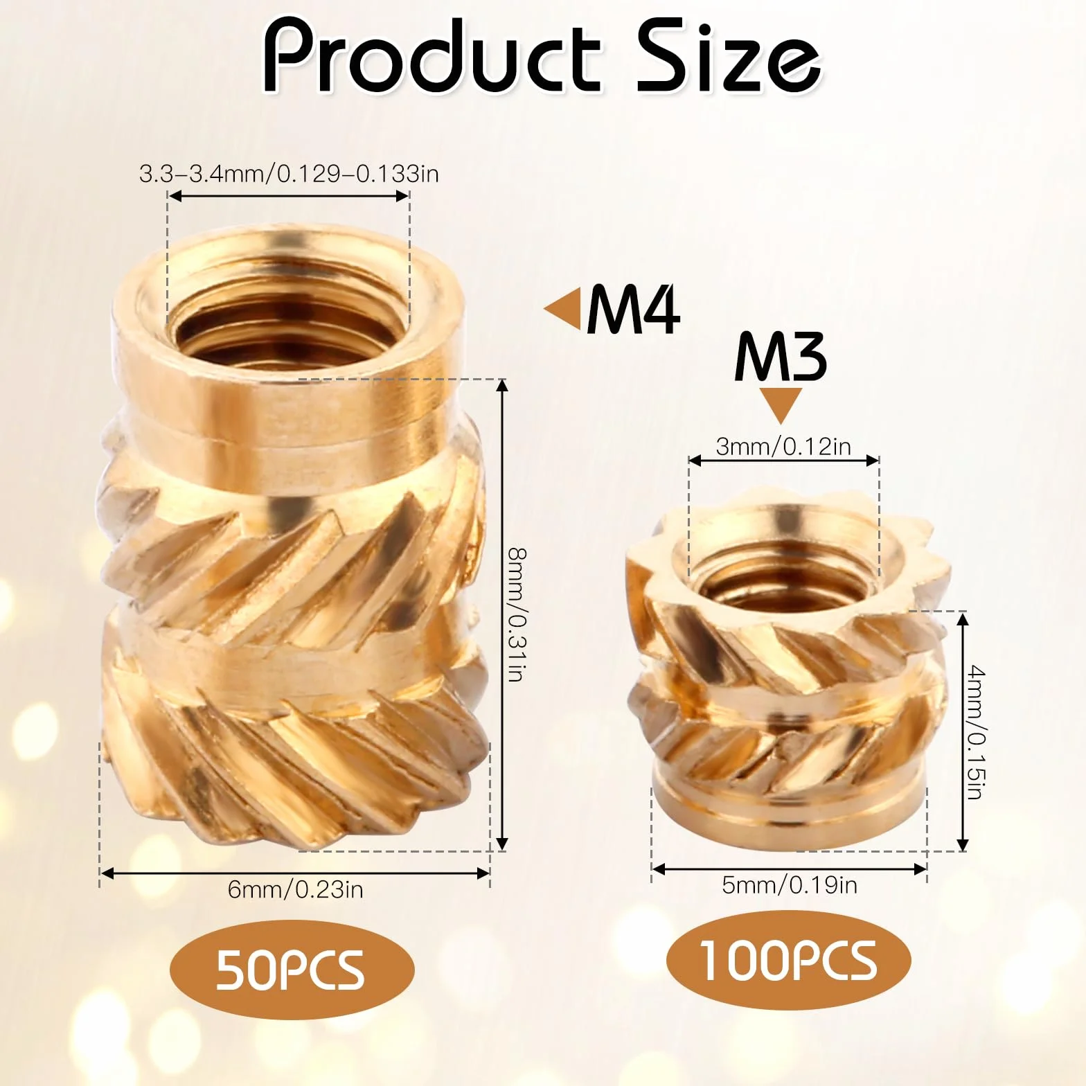 Wkładki gwintowane M3/M4 mosiężne do druku 3D