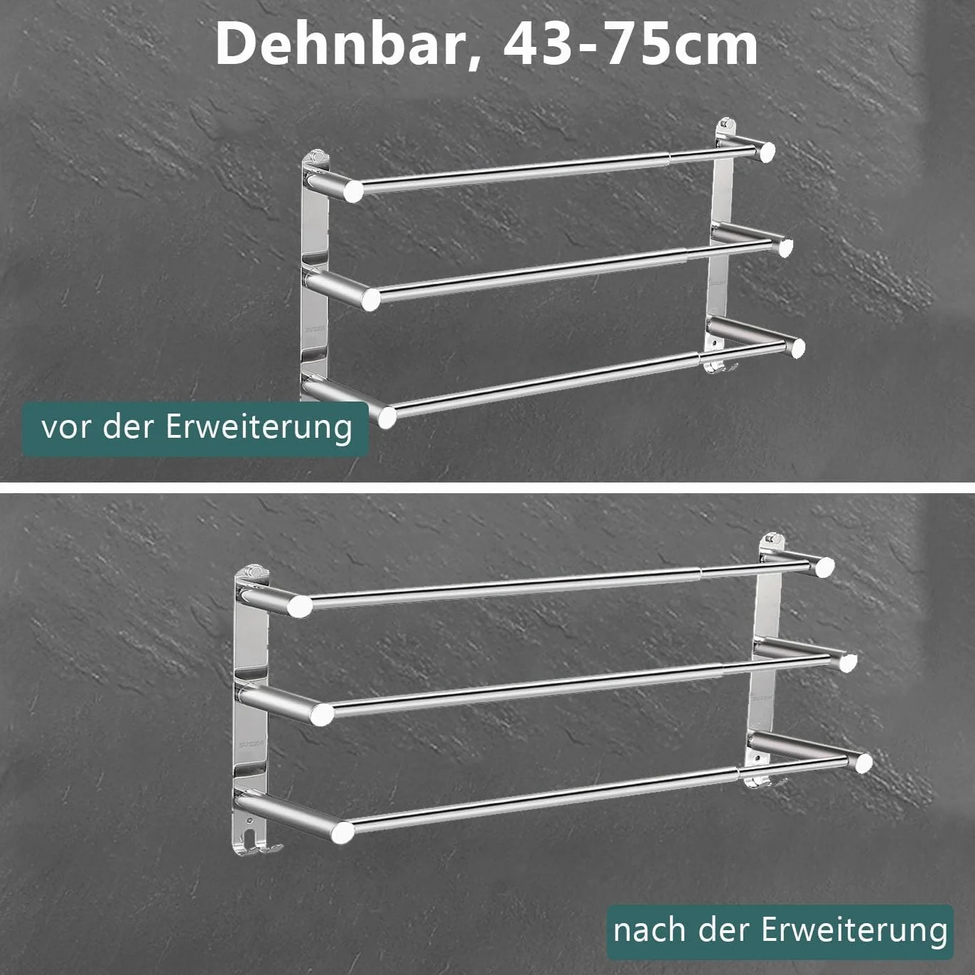Wieszak na ręczniki bez wiercenia wysuwany 43-78 cm 3-warstwowa stal nierdzewna 2 haczyki srebrny