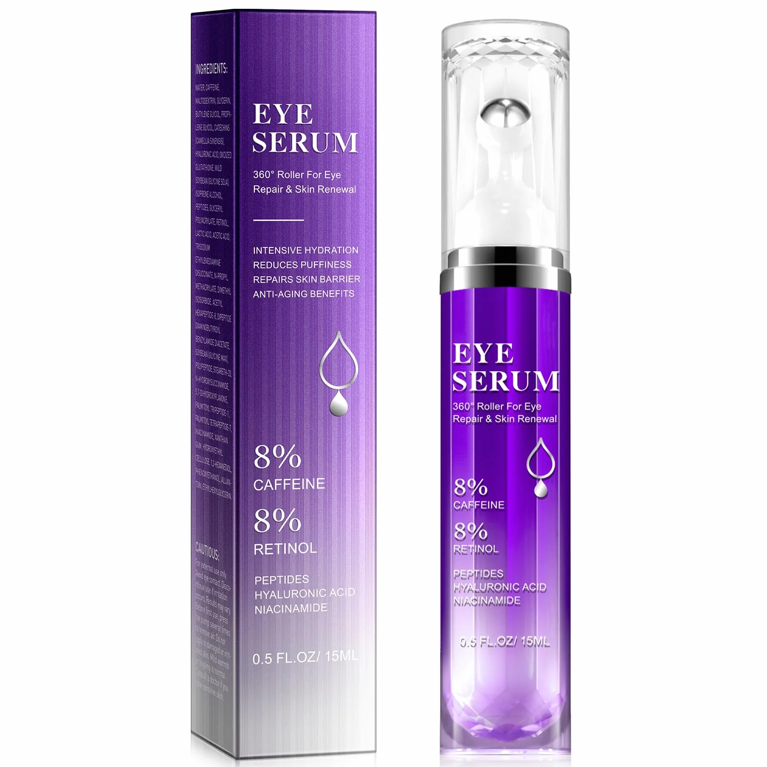 Serum do oczu z kulką kulkową, kremem do oczu, wałkiem 360° do masażu oczu, Retinolem i kwasem hialuronowym, redukcja zmarszczek oczu, odświeżająca i łatwa absorpcja 15 ml
