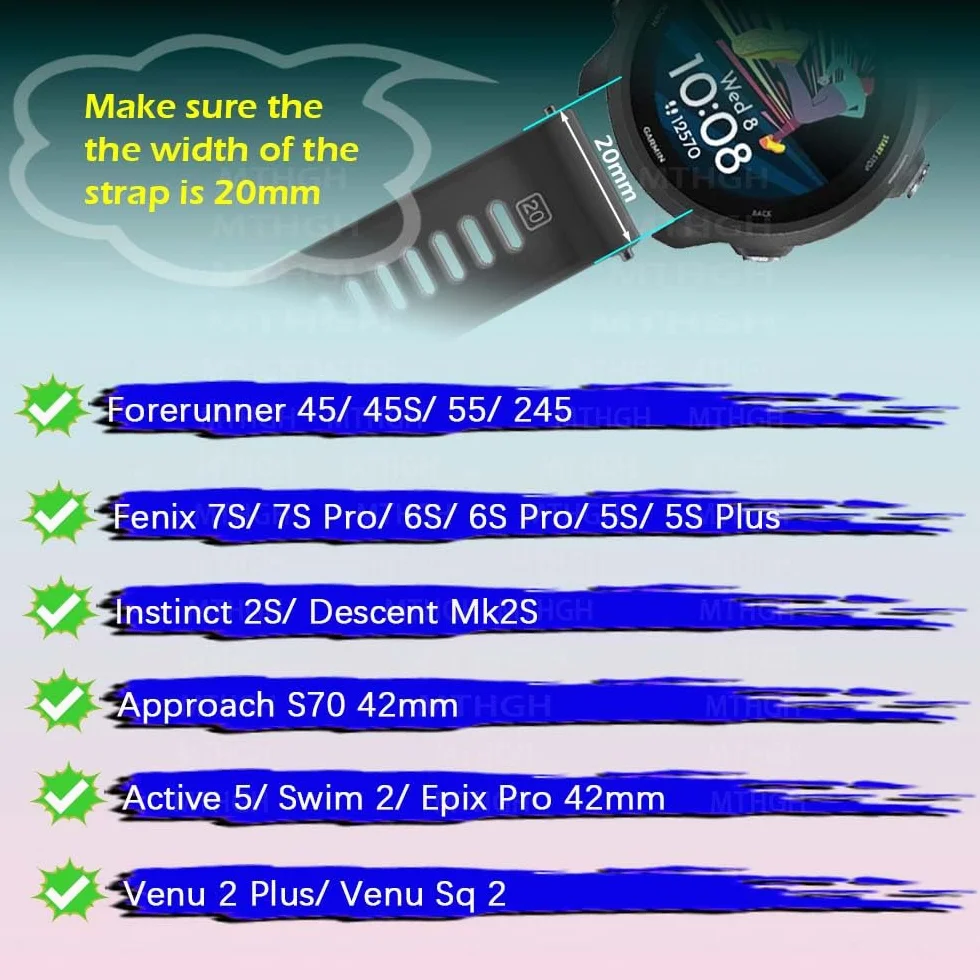 Pętle do paska do zegarka Garmin Fenix 7S / 6S / 5S / Forerunner 55/45/45S/245 / Instinct 2S pierścienie mocujące do smartwatcha [10 szt.], miękki silikonowy zamiennik bezpiecznych pierścieni,