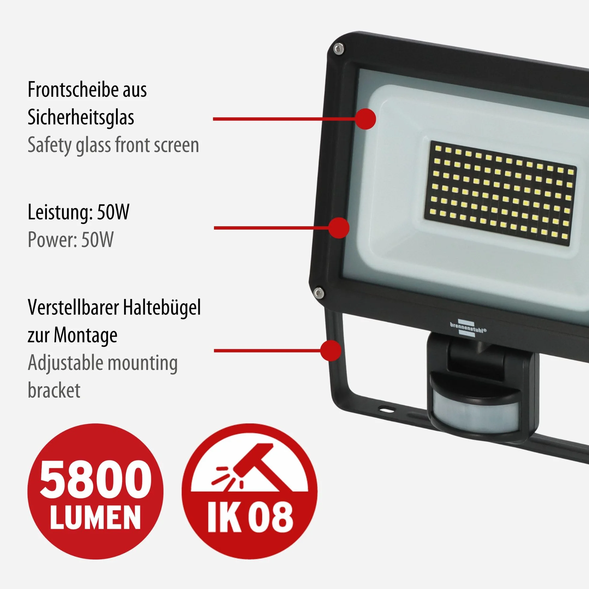 Brennenstuhl naświetlacz LED JARO 7060 P 50W 5800lm 6500K IP65 z czujnikiem ruchu